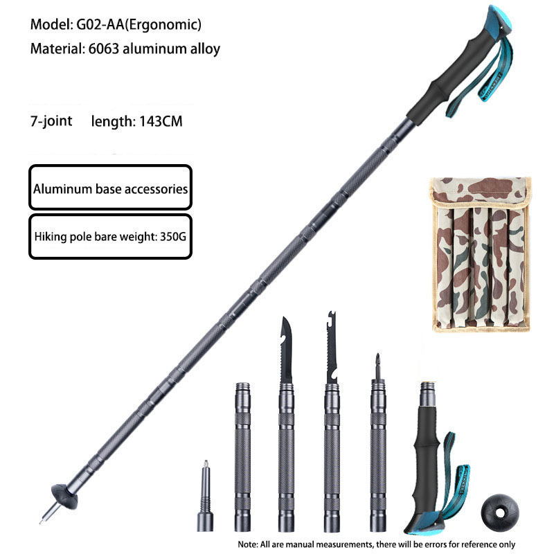 Multifunctional 7-Section Trekking Pole Outdoor Folding Telescopic Walking Stick for Hiking Mountaineering