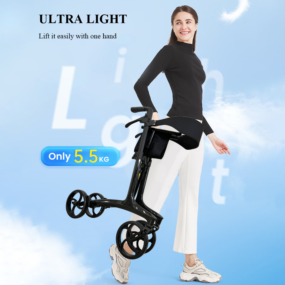 Ksm-806 OEM Affordable Full Carbon Fiber Rollator Walker Only 6 Kgs Supplier with Comfortable Seat and Backrest for Disabled