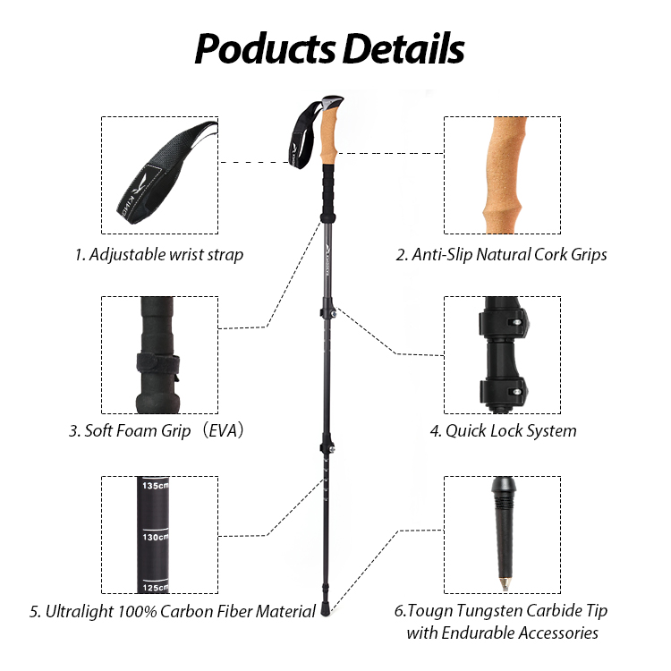 Ultralight Carbon Fiber Telescopic Trekking Poles with Natural Cork Grip