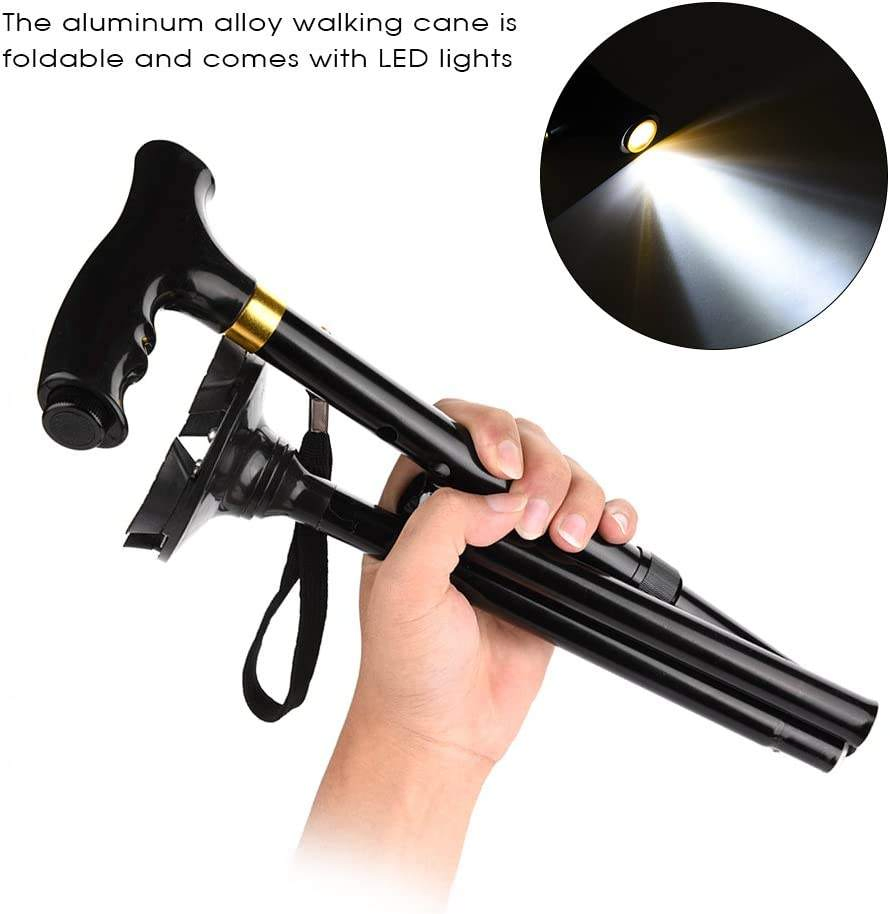 Folding Walking Cane with LED Light, Walking Cane Adjustable Walking Stick 4 Prong Anti-Slip Quad Cane