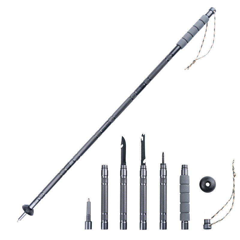 Multifunctional 6-Section Trekking Pole Outdoor Folding Telescopic Walking Stick for Hiking Mountaineering