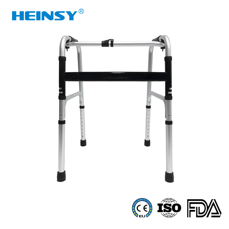 Hes-7101 Aluminum Alloy Orthopedic Adjustable Stand up Walker Aids Outdoor Folding Adult Aid Mobility Frame Rollator Walker with Seat