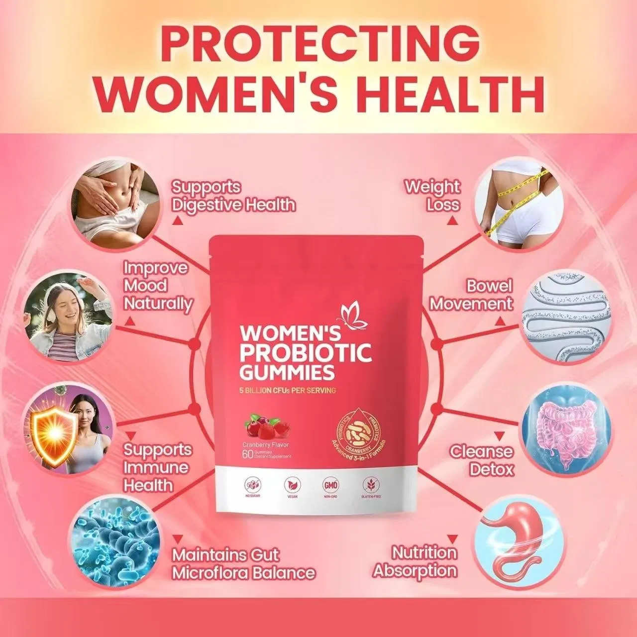 Wholesale Women Vaginal Probiotic Gummies Nutrition Supplement Female Cranberry Probiotics Gummies