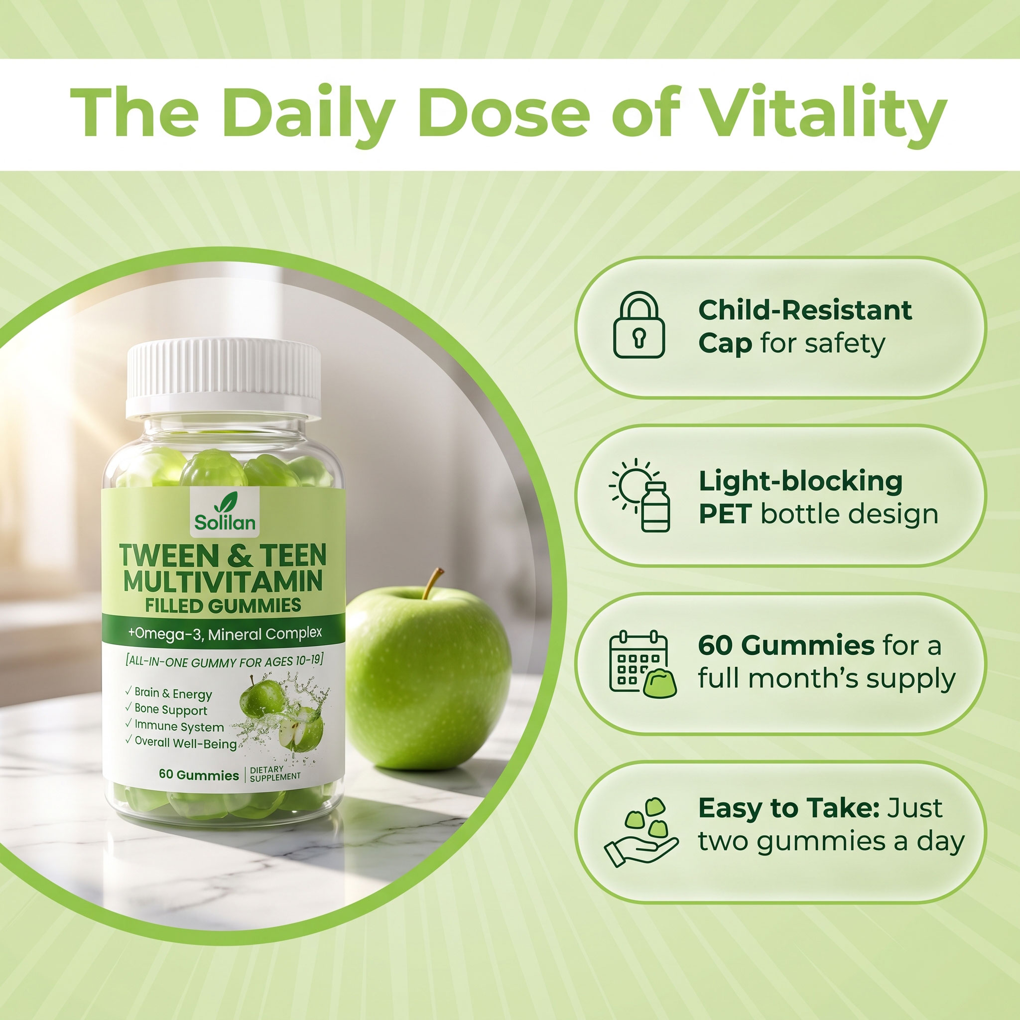 Solilan OEM Private Label Vegan Tween &amp; Teen Multivitamin Gummies Supplement with Omega 3 Mineral Complex Liquid-Filled Gummies
