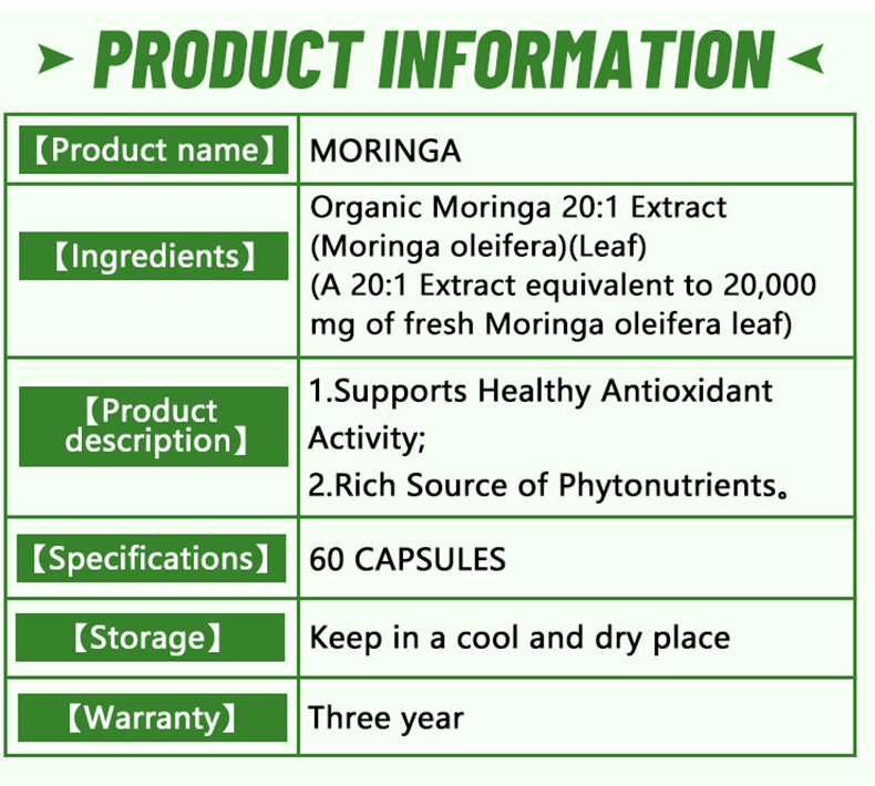 Private Label Pure Moringa Leaf Extract Organic Capsules Digestive Health Energy Management Antioxidant Adult Herbal Supplement