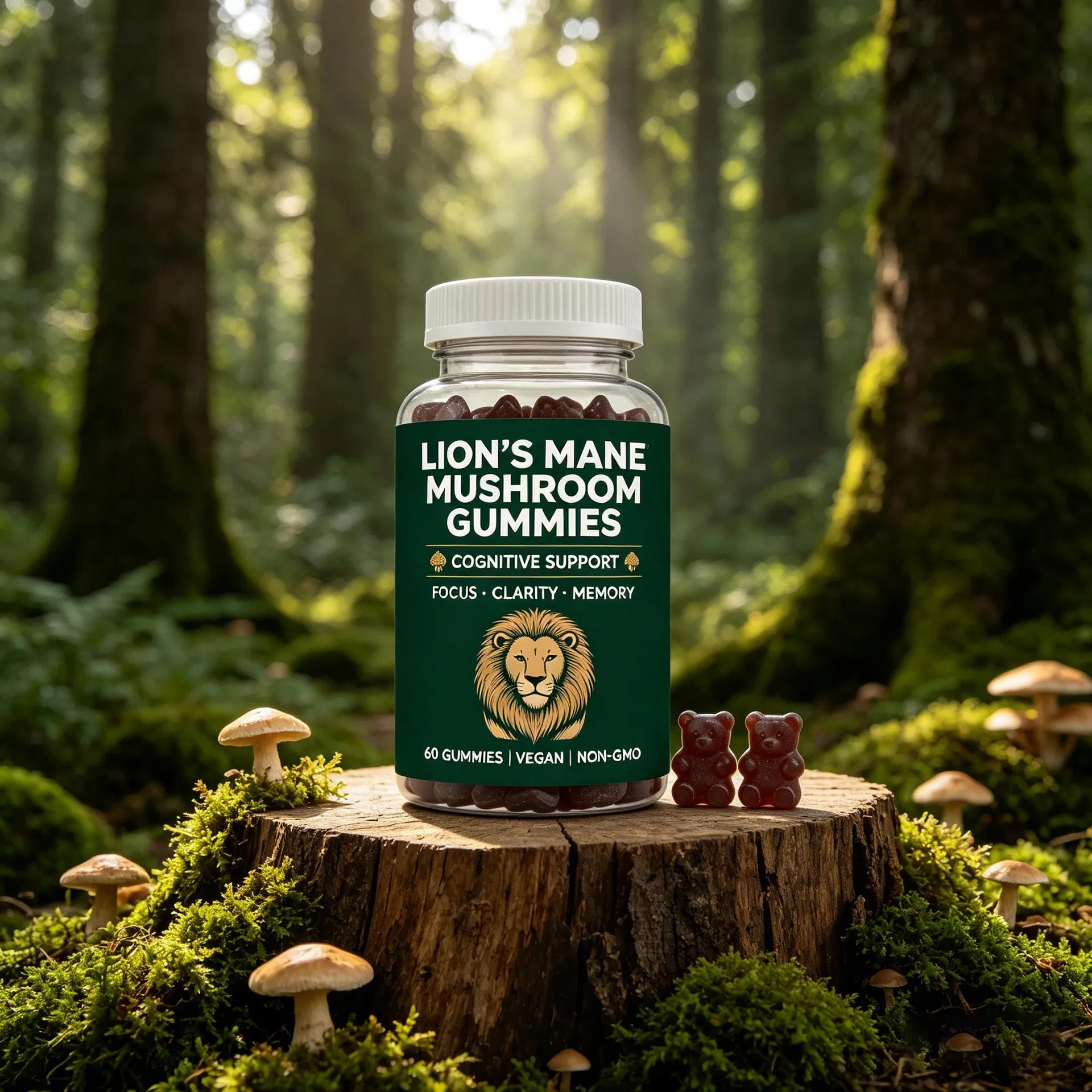 Lion's Mane Mushroom Vegan Gummies 60 Count Non-GMO Cognitive Support Focus Clarity Memory Daily Dietary Supplement
