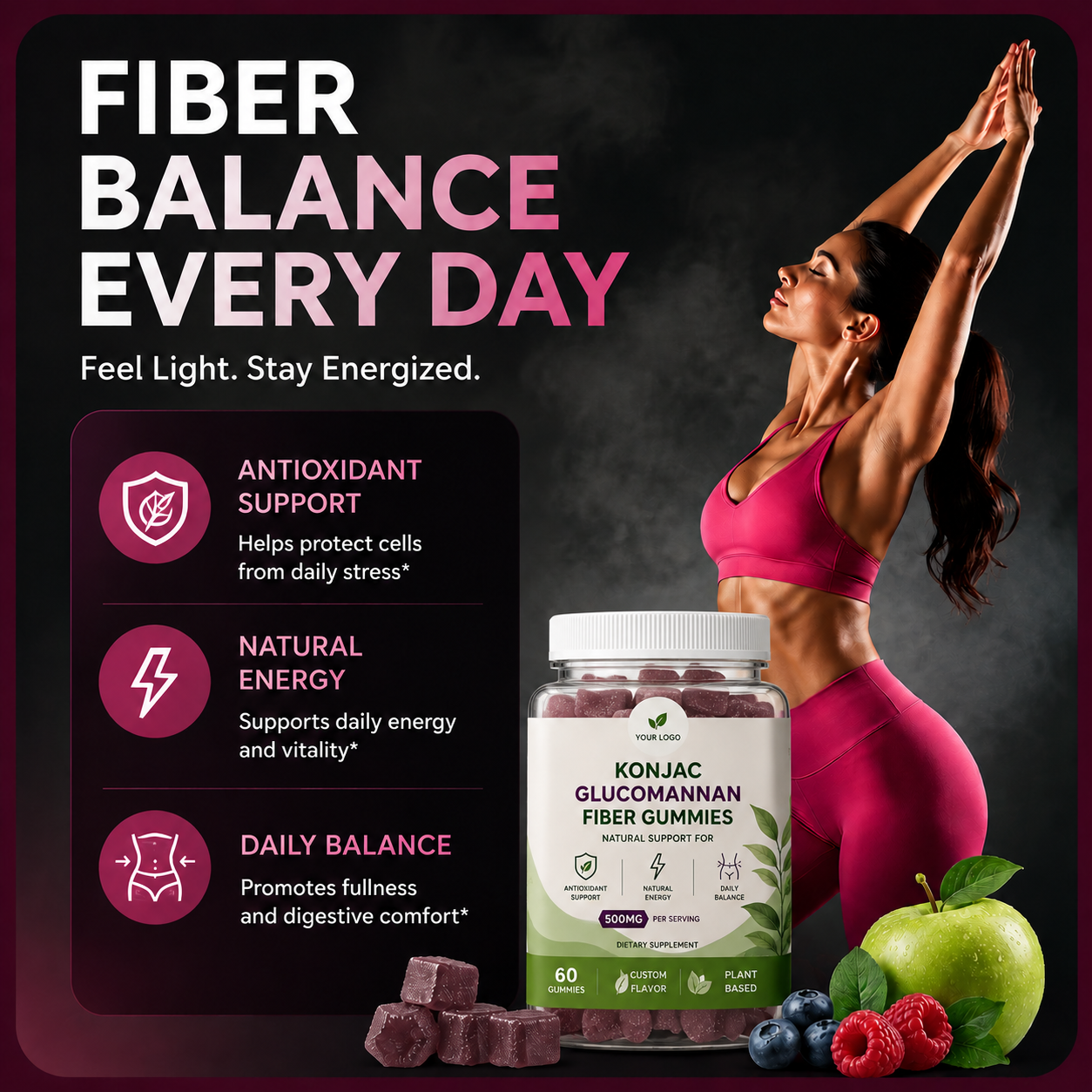 OEM ODM Private Label Adult Plant-Based Konjac Glucomannan Fiber Gummies Immune Support Digestive Health Custom Flavor Packaging