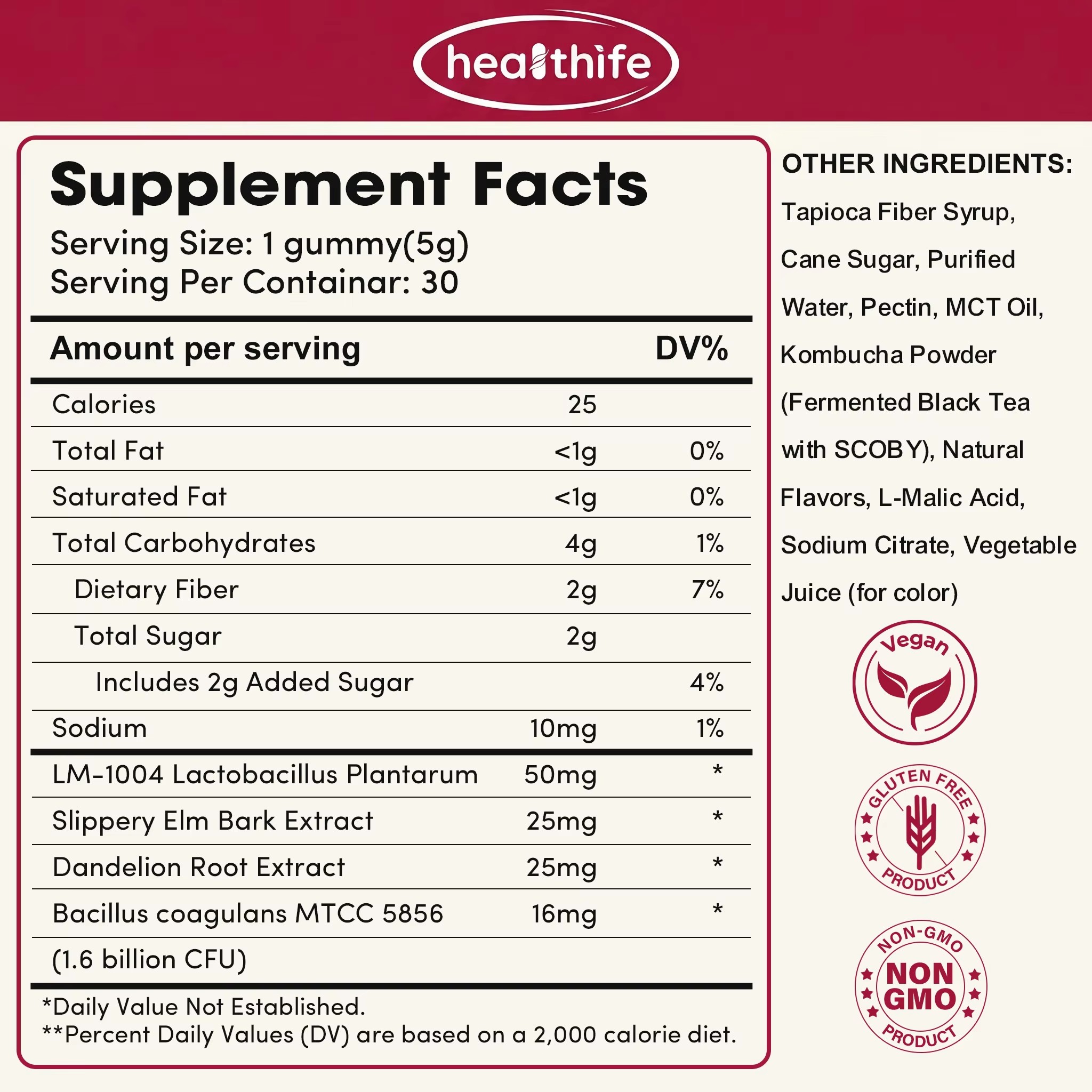Healthife Good Quality Gut Health Fiber Supplement Raspberry Flavor Prebiotics Dandelion Root Probiotic Kombucha Gummy