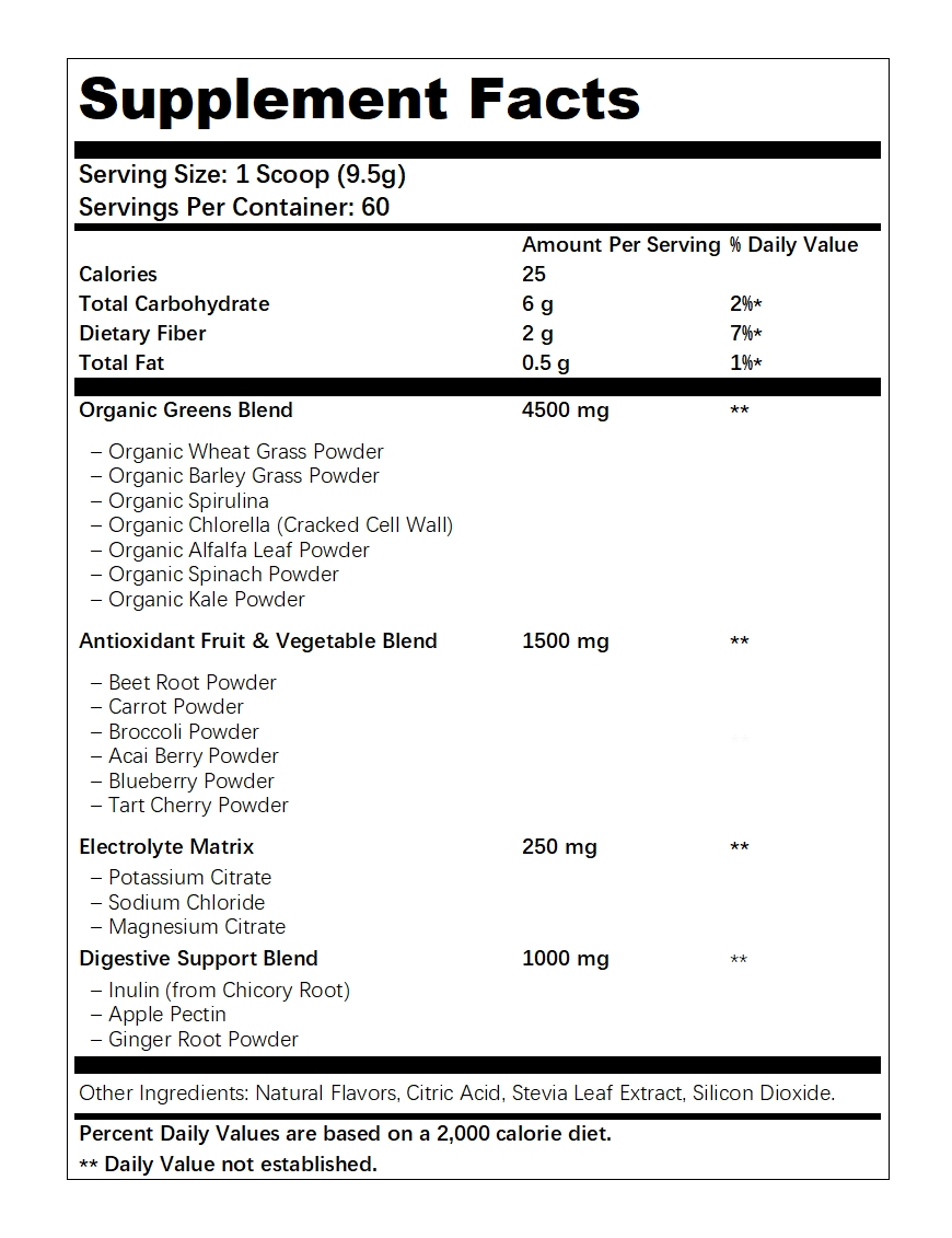 Private Label Super Greens Powder Multivitamin Bulk Mix Complete Whole Foods Adaptogen Vitamin Mineral Superfood Green Powder