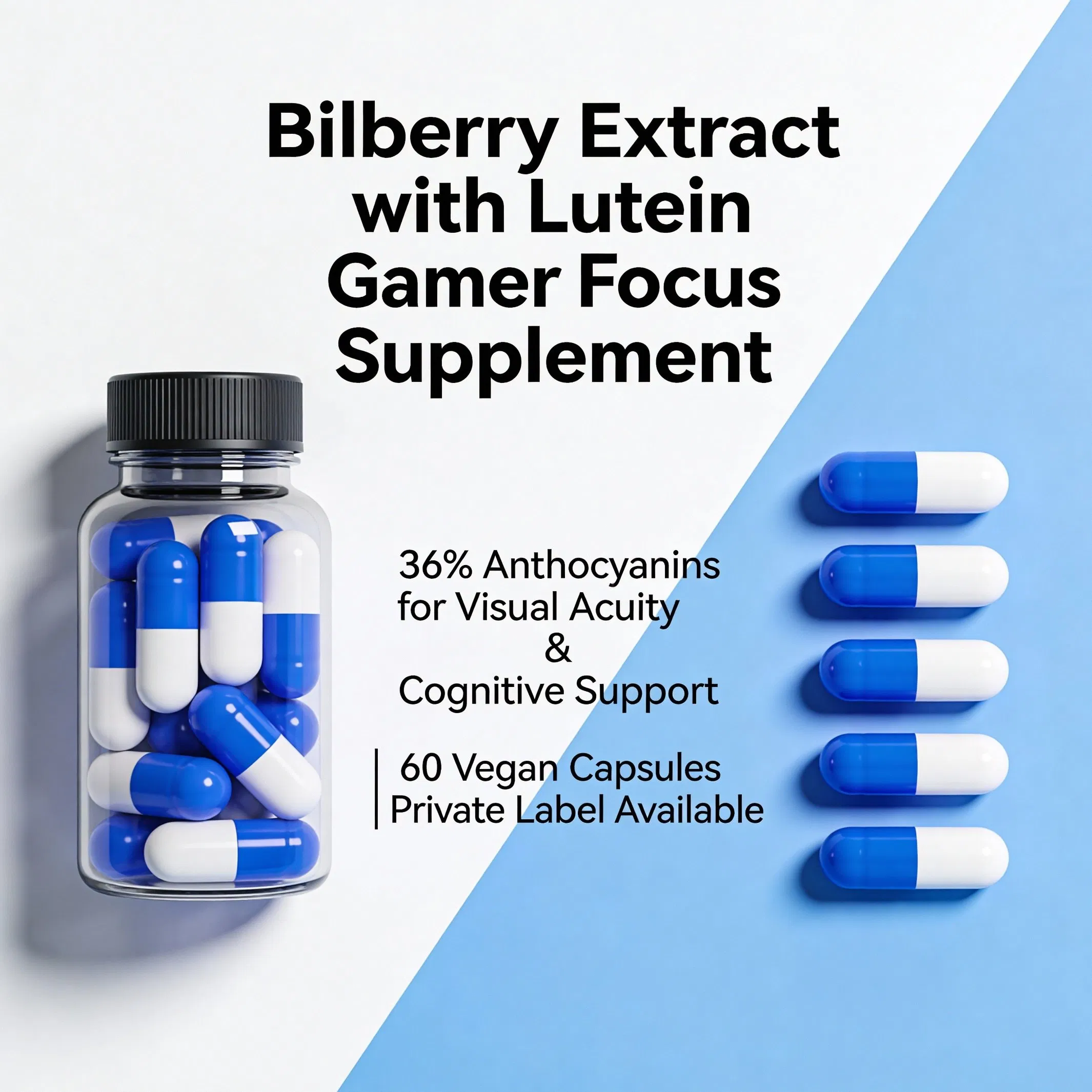 Bilberry Extract with Lutein Gamer Focus Supplement 36% Anthocyanins for Visual Acuity &amp; Cognitive Support 60 Vegan Capsules Private Label Available