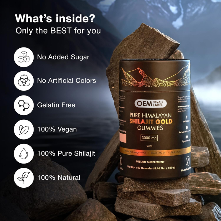 Private Label Shilajit Gummy Candy Dietary Fiber Pure Himalayan Fudge Healthcare Supplement Immune Support Adult 60