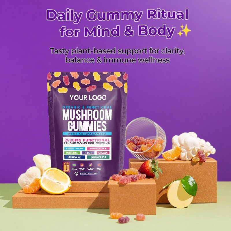 OEM/ODM Immune Defense Cognitive Enhancement Vegan Ashwagandha Gummies and Lion's Mane Mushroom Gummies Supplement