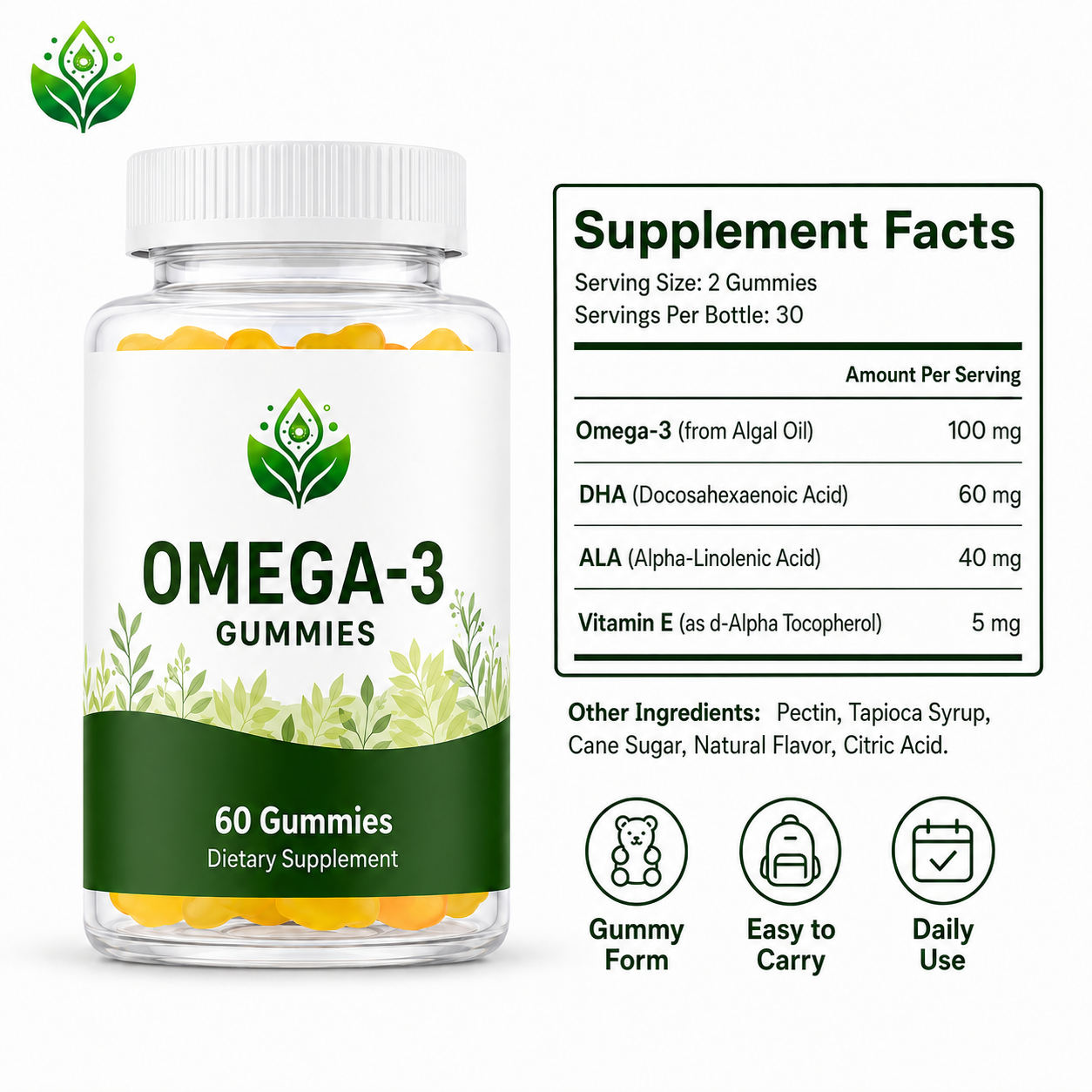 Omega-3 Gummies with DHA | OEM Halal Triple Strength Vitamin Algae Flaxseed Safflower Oil Vegetarian Gummies 60 Count