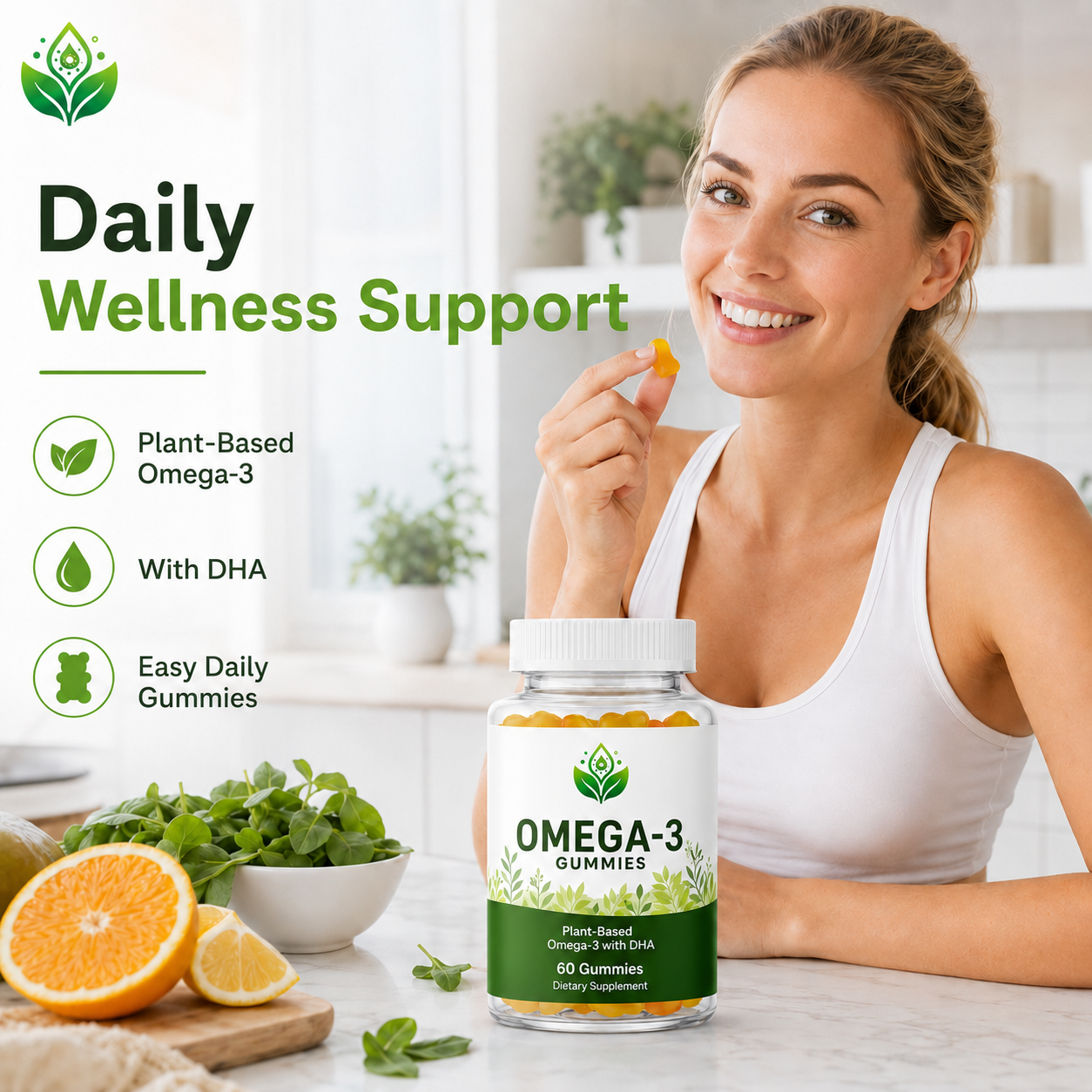 Omega-3 Gummies with DHA | OEM Halal Triple Strength Vitamin Algae Flaxseed Safflower Oil Vegetarian Gummies 60 Count