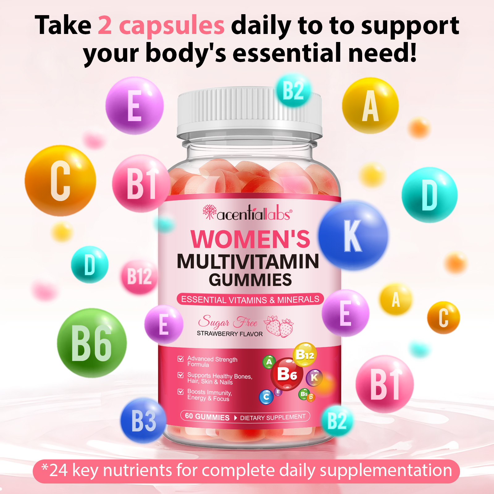 Acentiallabs Women's Multivitamin Gummies Vitamins A, D, C, E, Adult Chewable Vitamins Support Adult Multivitamin Gummies