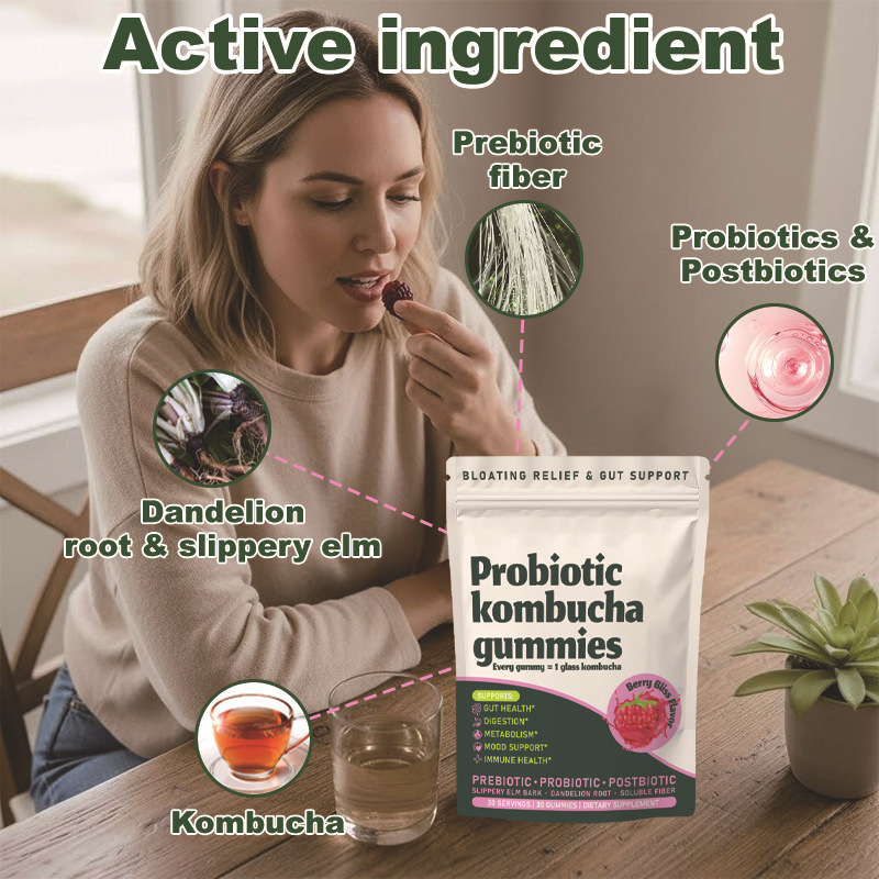 Probiotic Kombucha Gummy Candy with Prebiotics Probiotics Postbiotics Fiber Supplement for Gut Health Probiotics