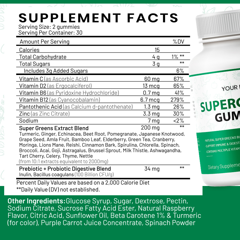 OEM ODM Private Label Super Greens Gummies Vegan Supplement Support Digestion &amp; Immunity Custom Logo Available
