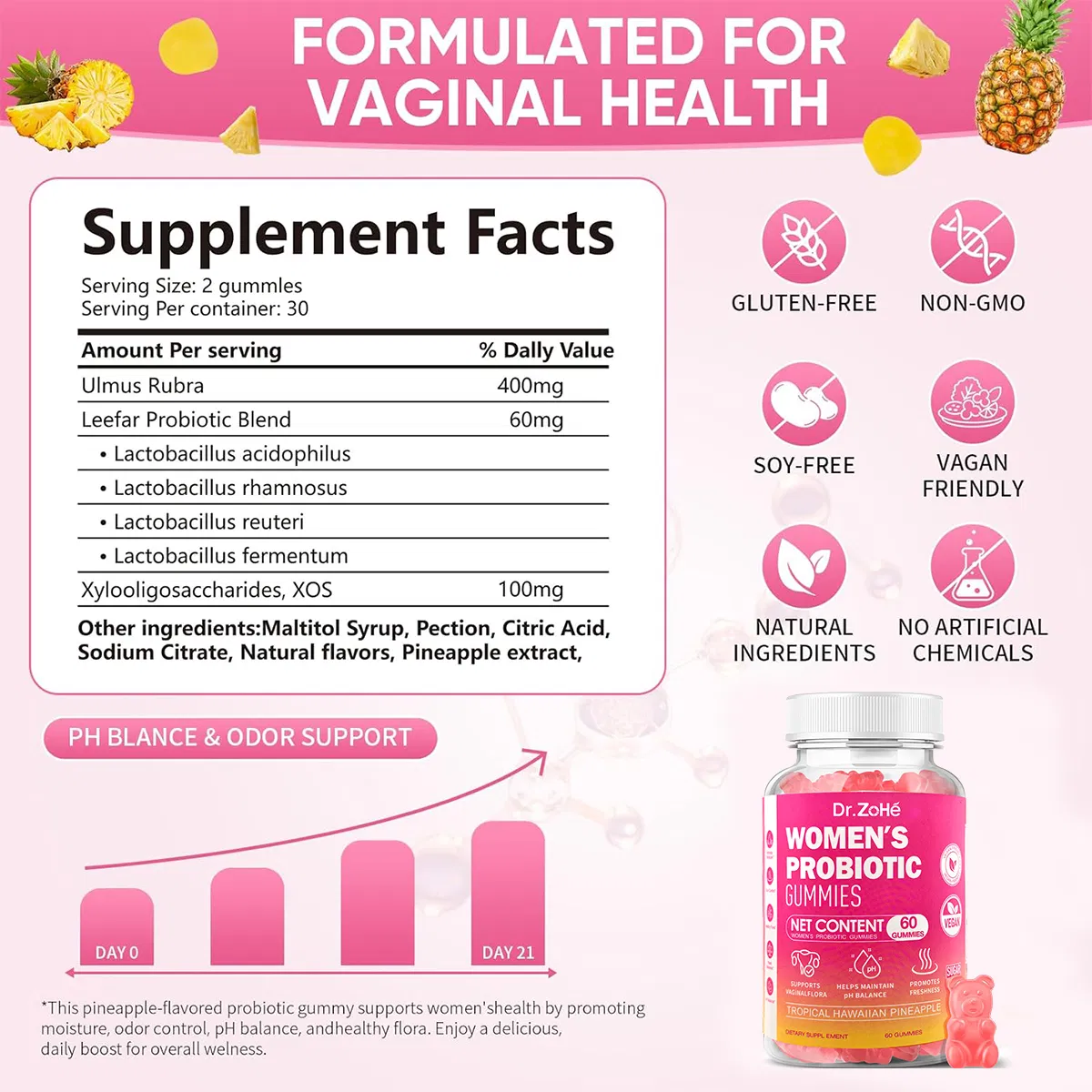 OEM/ODM Feminine Care Hawaiian Pineapple Vegan Gluten-Free Supports Vaginal Flora Maintains pH Balance Women's Probiotic Gummies
