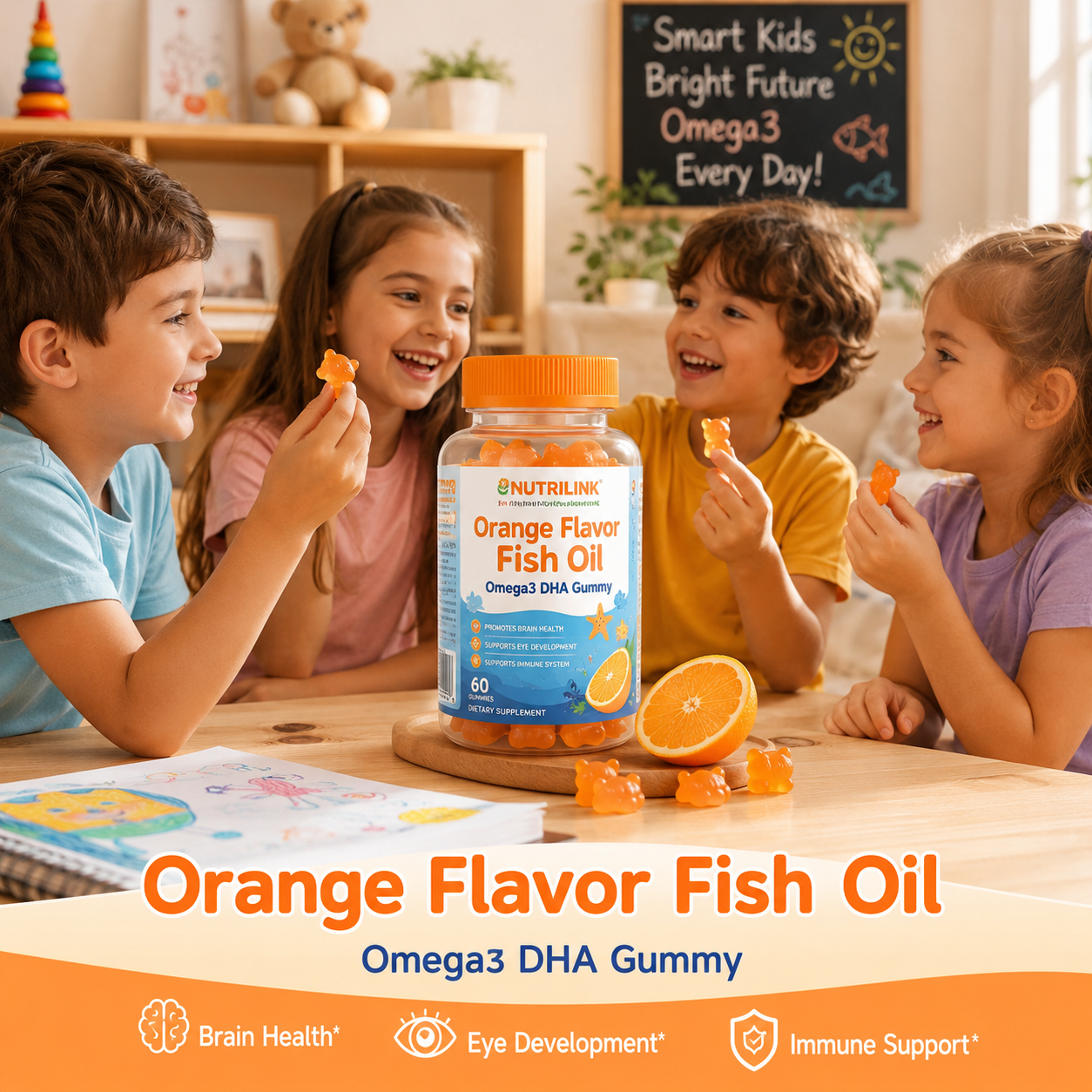OEM Private Label Omega3 DHA EPA Gummies Bulk Wholesale Orange FlavorEasy Digestion Chewable for Adults Kids Daily Brain Support