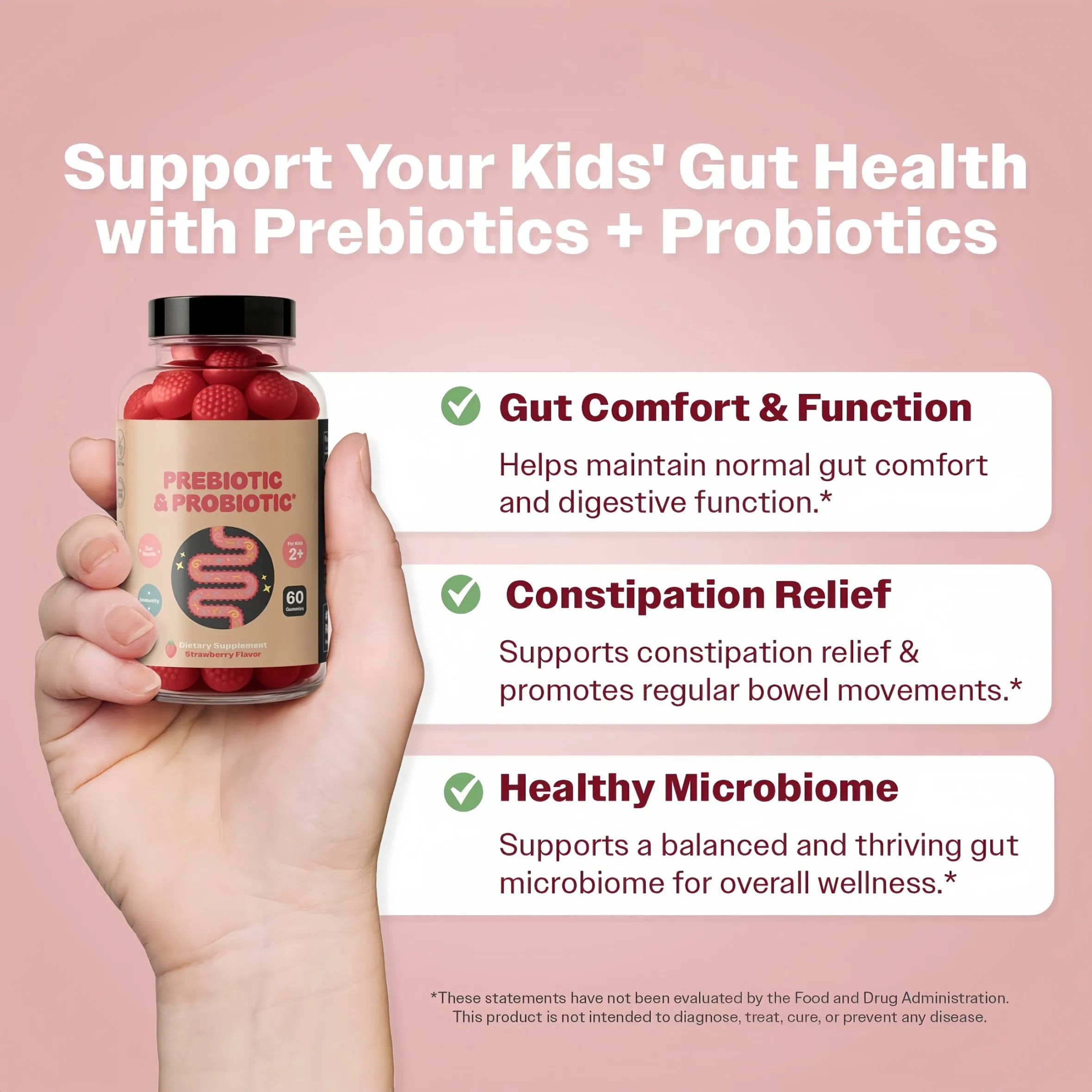 Kids Prebiotic &amp; Probiotic Gummies Ages 2+ (Strawberry Flavor) Toddlers &amp; Kids All Natural Gut Health Digestive Enzymes
