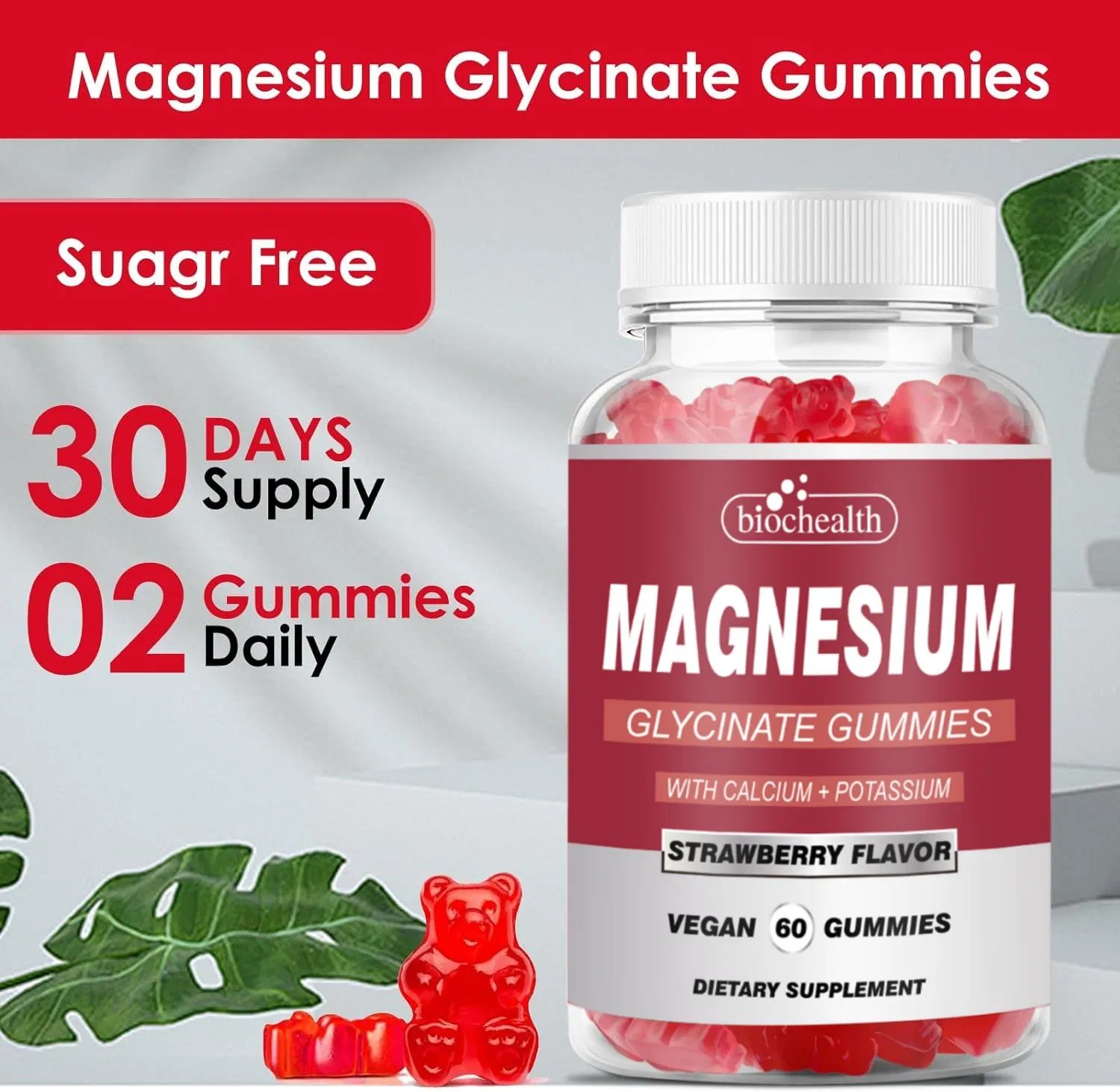 Biochealth Magnesium Glycinate 4oomg, Sugar Free Magnesium Gummies -Magnesium Potassium Supplement for Sleep, Immunity Support