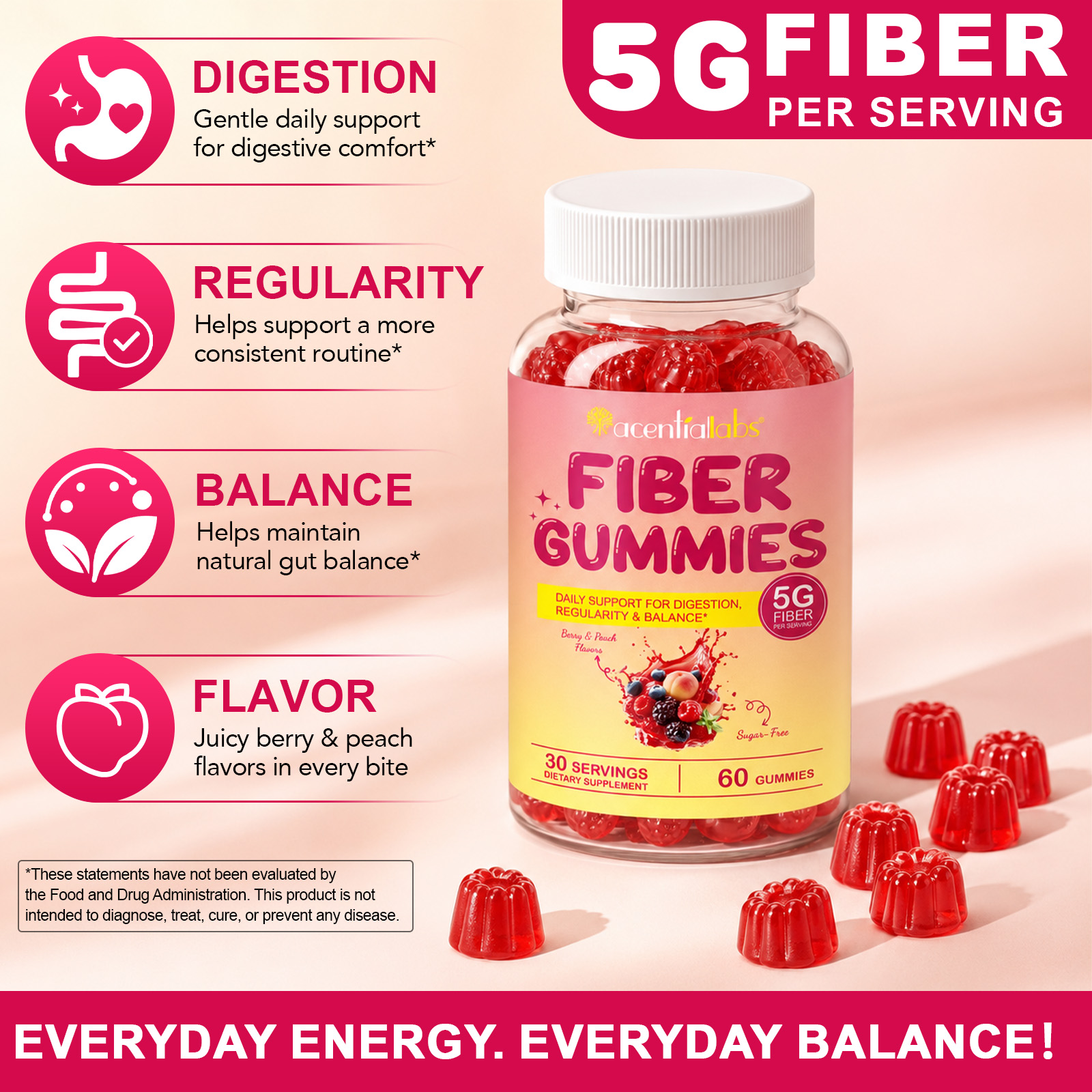 Acentiallabs Sugar-Free Berry Peach Flavor Dietary Fiber Gummies Supplement Metabolism Digestive Energy Support for Men &amp; Women
