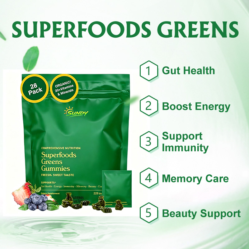 OEM Adult Sugar Free Super Greens Gummies Superfood Gummy Bears with Spirulina Chlorella Fiber Prebiotics Adaptogen Supplement
