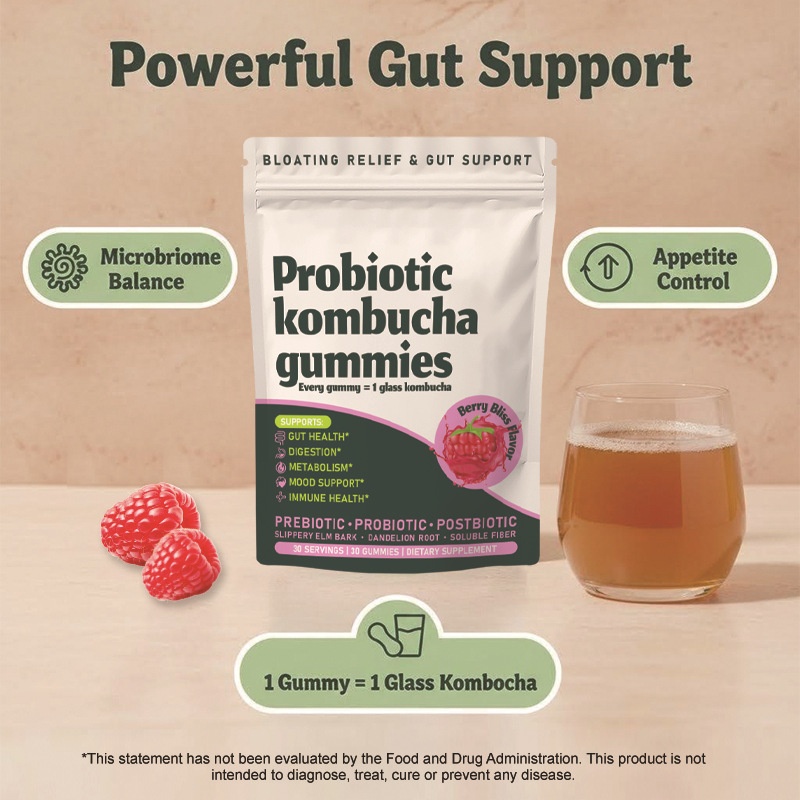 Probiotic Kombucha Gummy Candy with Prebiotics Probiotics Postbiotics Fiber Supplement for Gut Health Probiotics