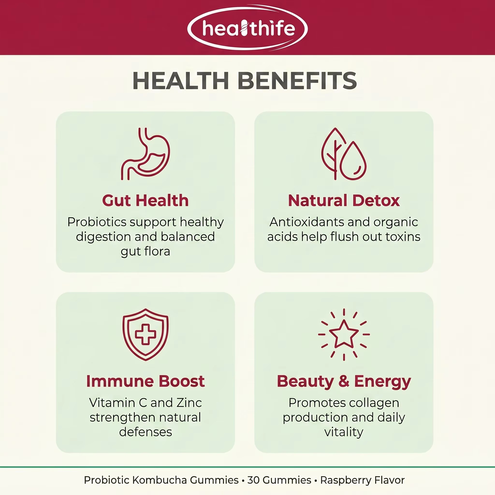 Healthife Good Quality Gut Health Fiber Supplement Raspberry Flavor Prebiotics Dandelion Root Probiotic Kombucha Gummy