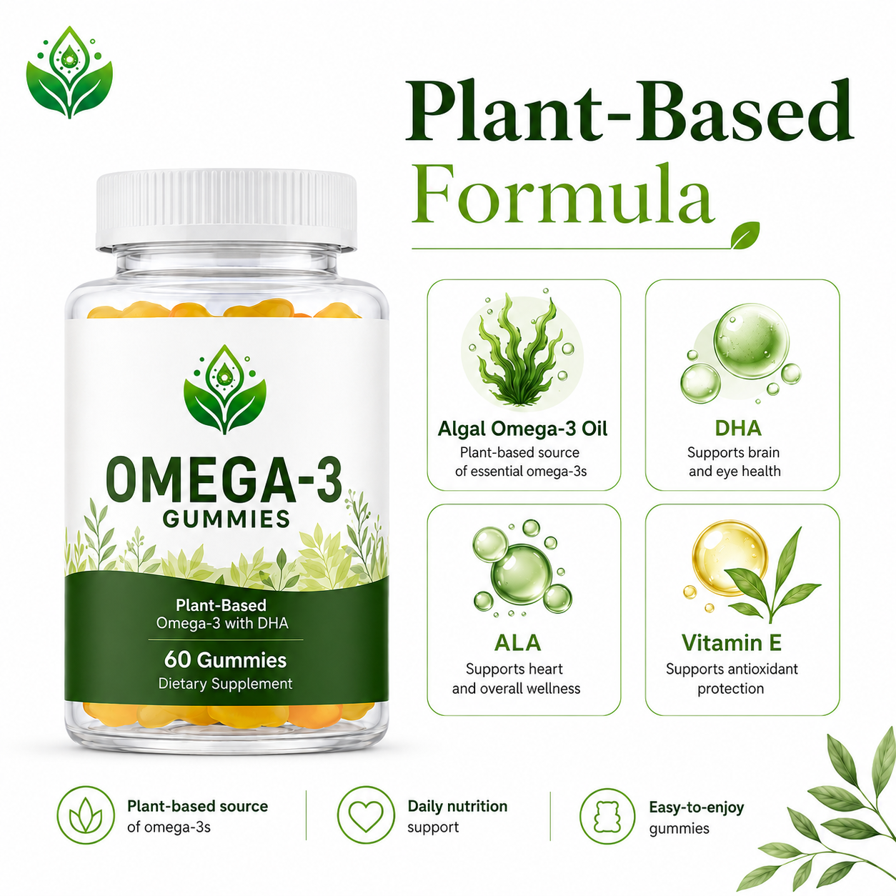 Omega-3 Gummies with DHA | OEM Halal Triple Strength Vitamin Algae Flaxseed Safflower Oil Vegetarian Gummies 60 Count