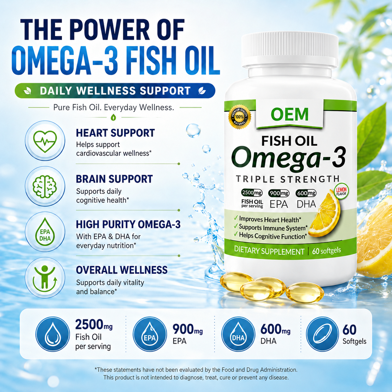 Private Label Omega-3 Fish Oil Gummies Full of EPA DHA Support Immune System Certified 60 Count Supplements