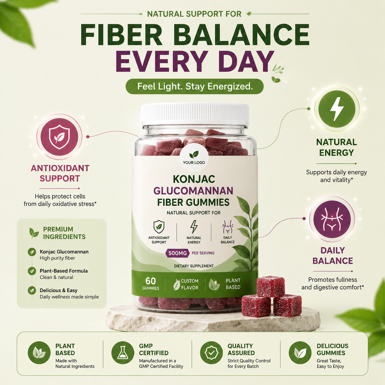 OEM ODM Private Label Adult Plant-Based Konjac Glucomannan Fiber Gummies Immune Support Digestive Health Custom Flavor Packaging