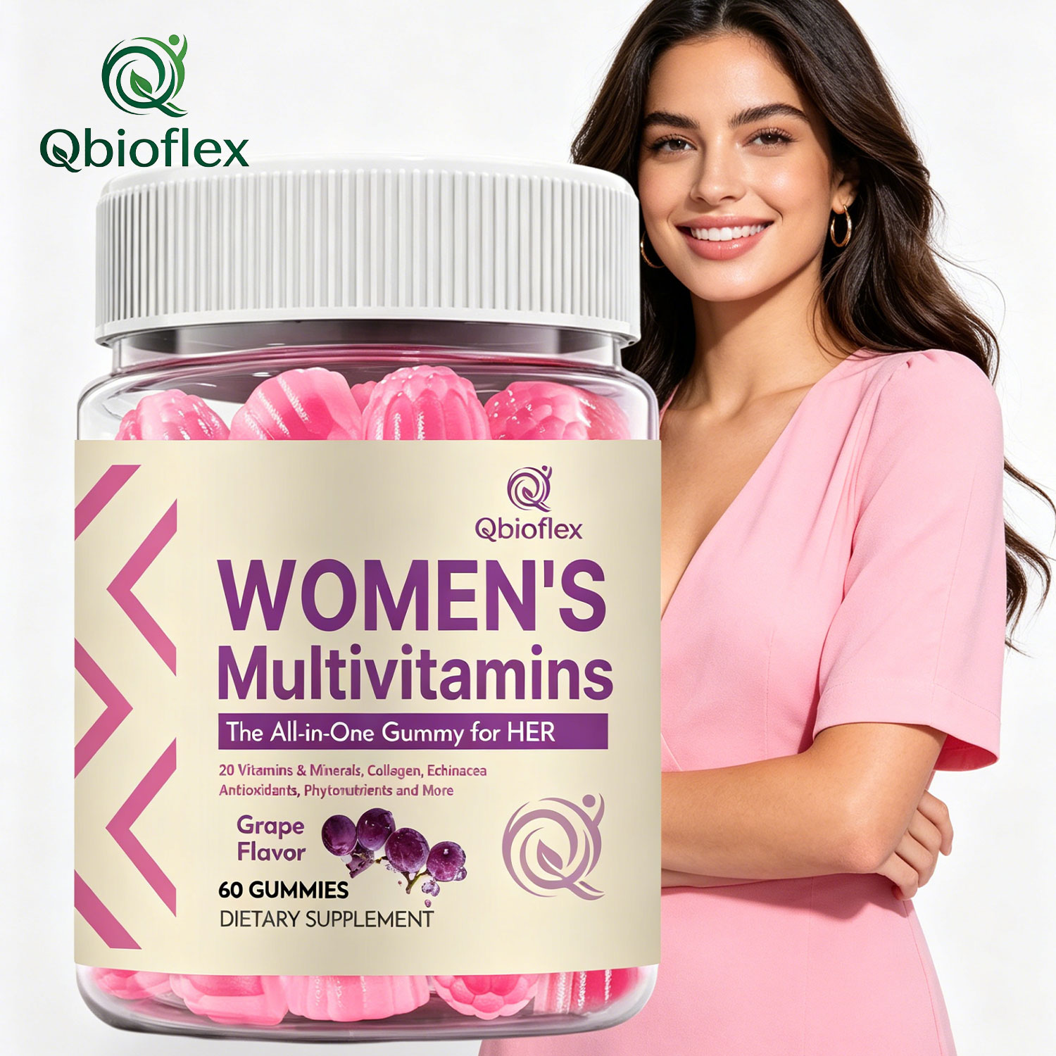 Qbioflex Private Label Natural Multivitamin Gummies Supplement Grape Flavor Support Healthy Hair and Nails for Women