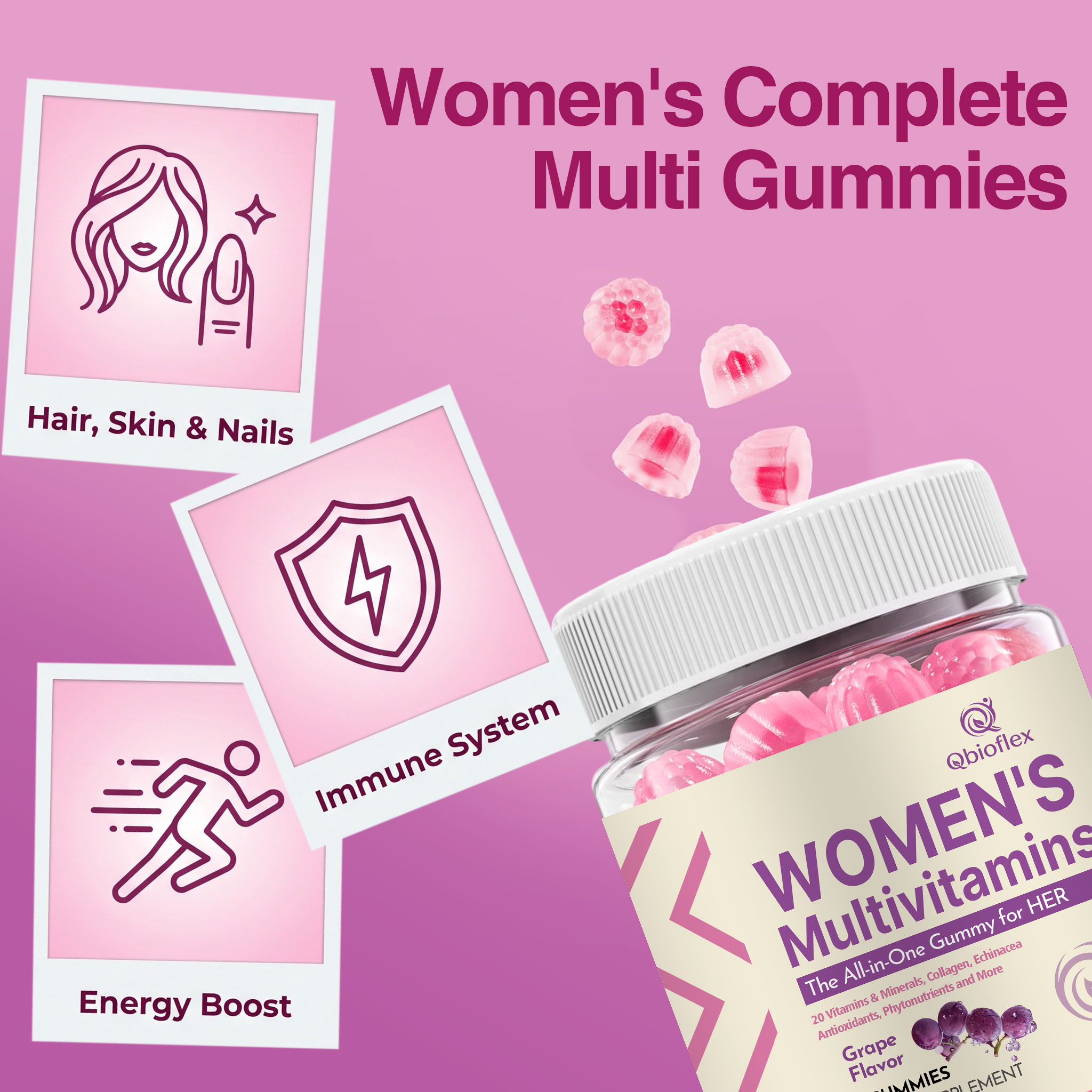 Qbioflex Private Label Natural Multivitamin Gummies Supplement Grape Flavor Support Healthy Hair and Nails for Women