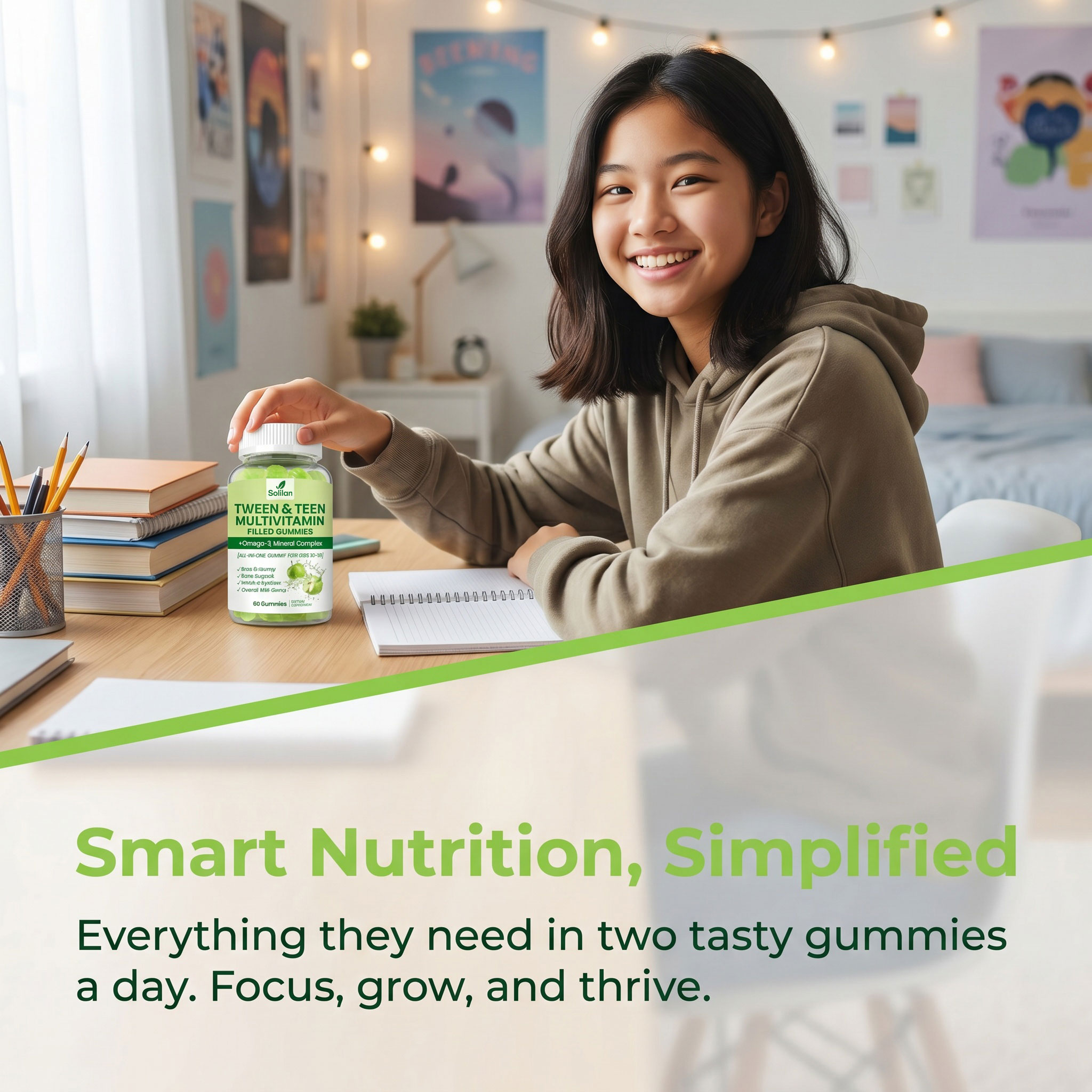Solilan OEM Private Label Vegan Tween &amp; Teen Multivitamin Gummies Supplement with Omega 3 Mineral Complex Liquid-Filled Gummies