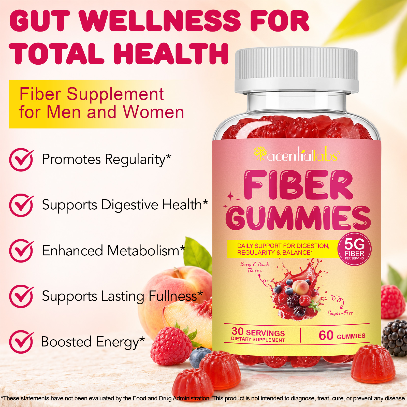 Acentiallabs Sugar-Free Berry Peach Flavor Dietary Fiber Gummies Supplement Metabolism Digestive Energy Support for Men &amp; Women