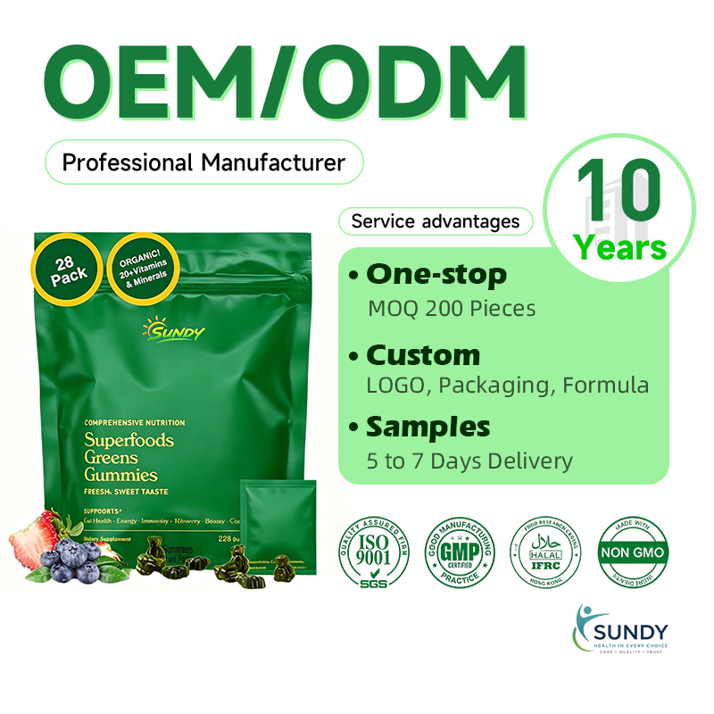 OEM Adult Sugar Free Super Greens Gummies Superfood Gummy Bears with Spirulina Chlorella Fiber Prebiotics Adaptogen Supplement