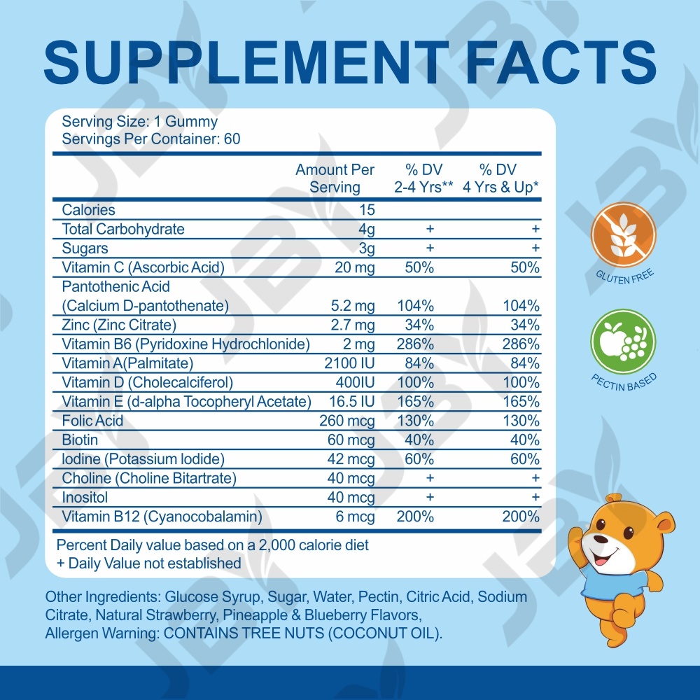 JBY OEM Private Label Multi Vitamin Gummies Kids Vitamin Gummy for Kids Immune Support Colorful Children Multivitamin Gummies