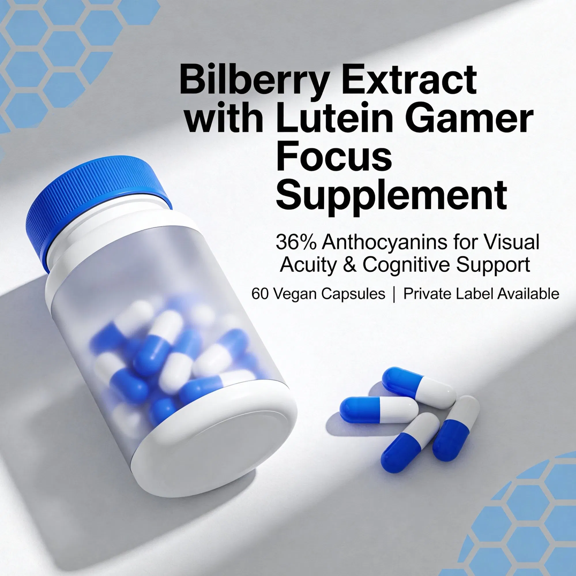 Bilberry Extract with Lutein Gamer Focus Supplement 36% Anthocyanins for Visual Acuity &amp; Cognitive Support 60 Vegan Capsules Private Label Available