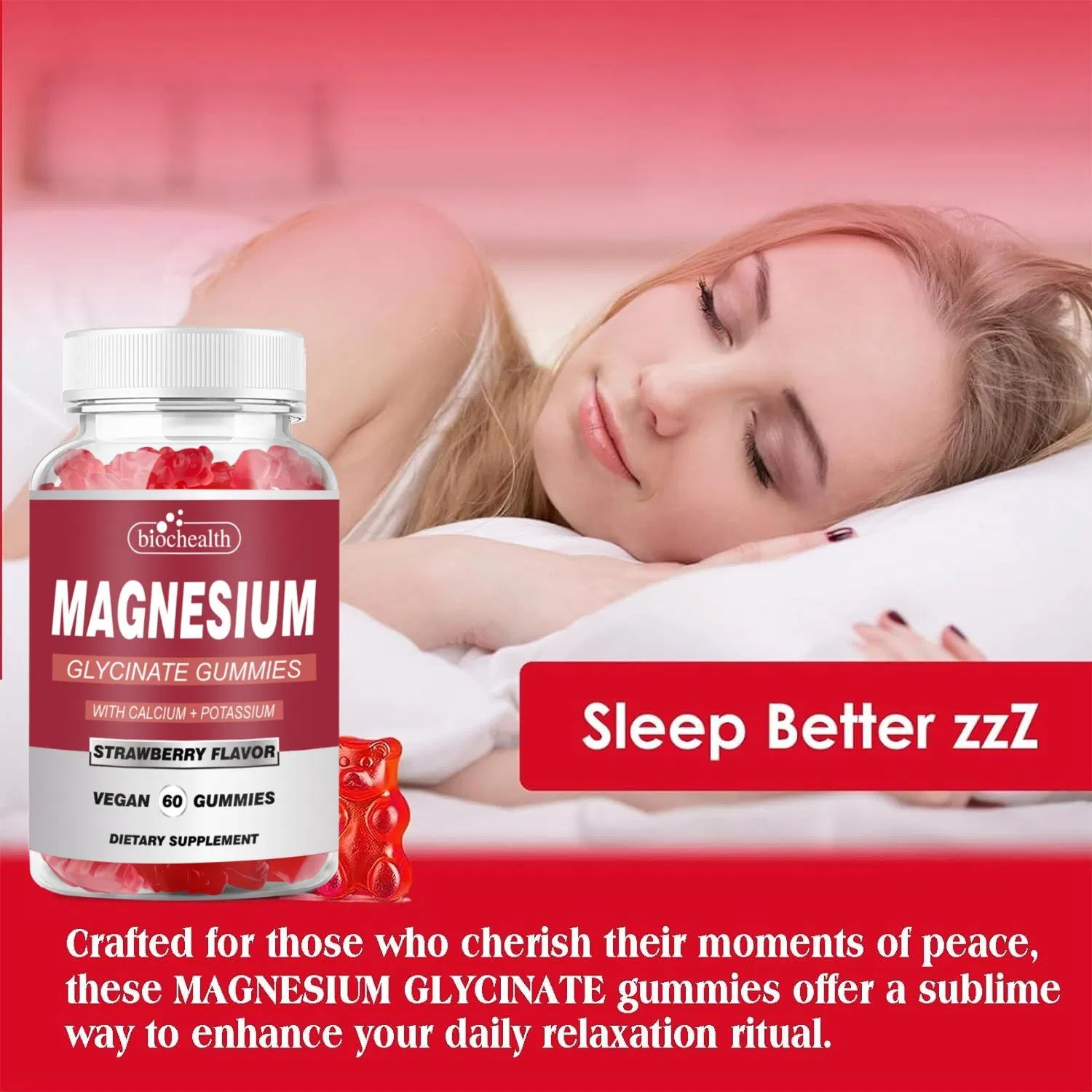 Biochealth Magnesium Glycinate 4oomg, Sugar Free Magnesium Gummies -Magnesium Potassium Supplement for Sleep, Immunity Support