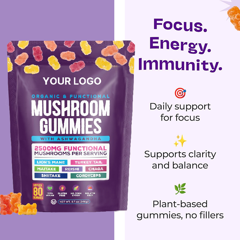 OEM/ODM Immune Defense Cognitive Enhancement Vegan Ashwagandha Gummies and Lion's Mane Mushroom Gummies Supplement
