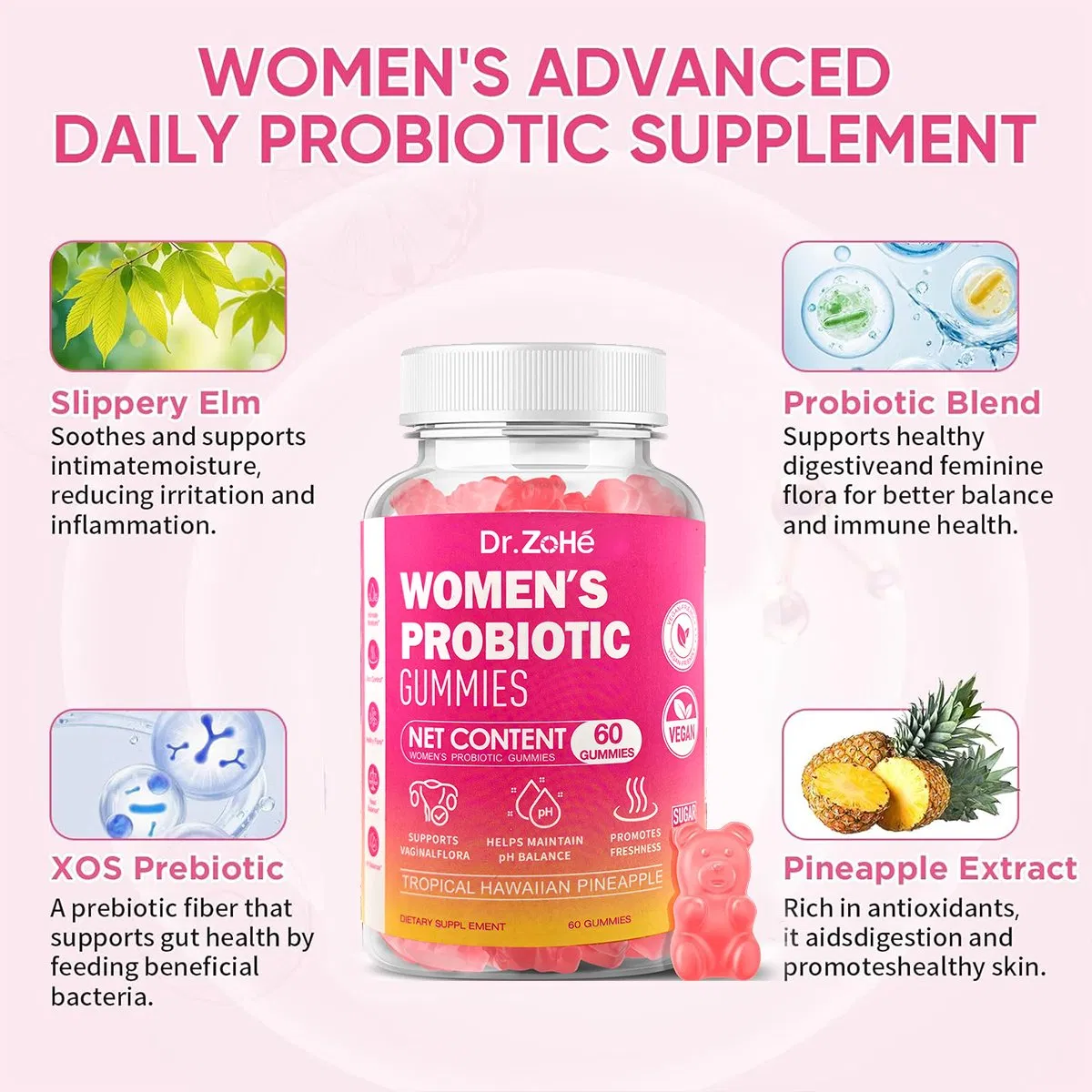 OEM/ODM Feminine Care Hawaiian Pineapple Vegan Gluten-Free Supports Vaginal Flora Maintains pH Balance Women's Probiotic Gummies