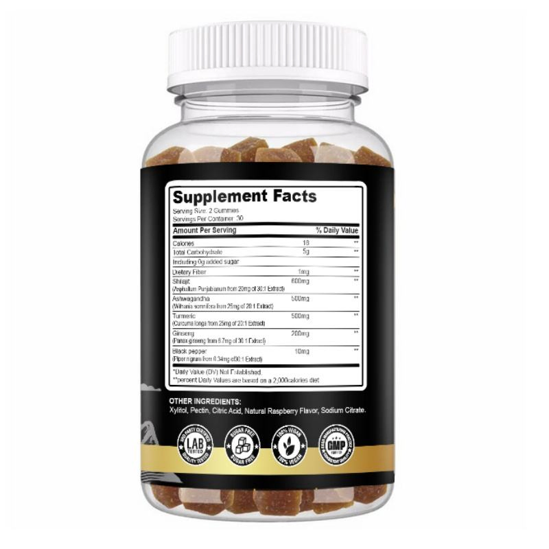 Custom 5-in-1 Supplement Shilajit Gummies with Ashwagandha, Ginseng, Turmeric &amp; Black Pepperenergy, Focus, Immunity Support