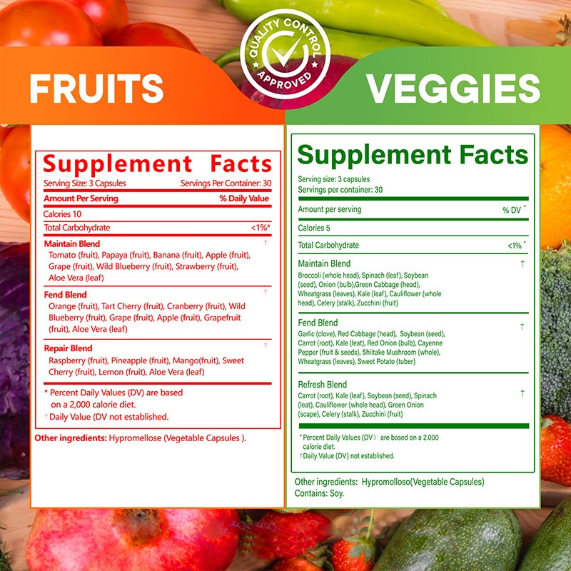OEM Fruits and Veggies Capsules Food Supplement with Superfood Vegetables for Women Men Kids Fruits Veggies Capsules