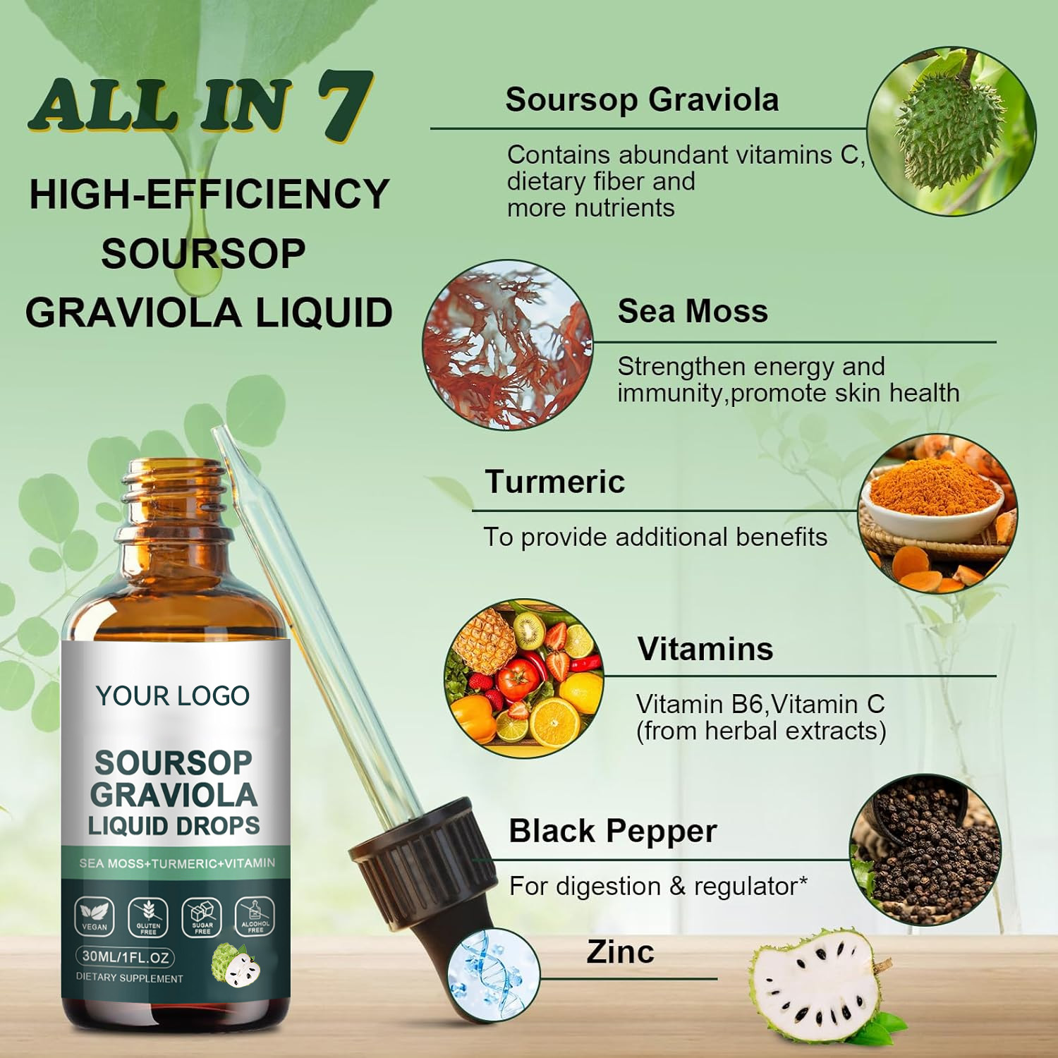 Organic Soursop Leaf Extract Liquid Drops with Sea Moss, Vitamin C, B6 &amp; Zinc Vegan, Supports Immunity, Gut &amp; Cell Health