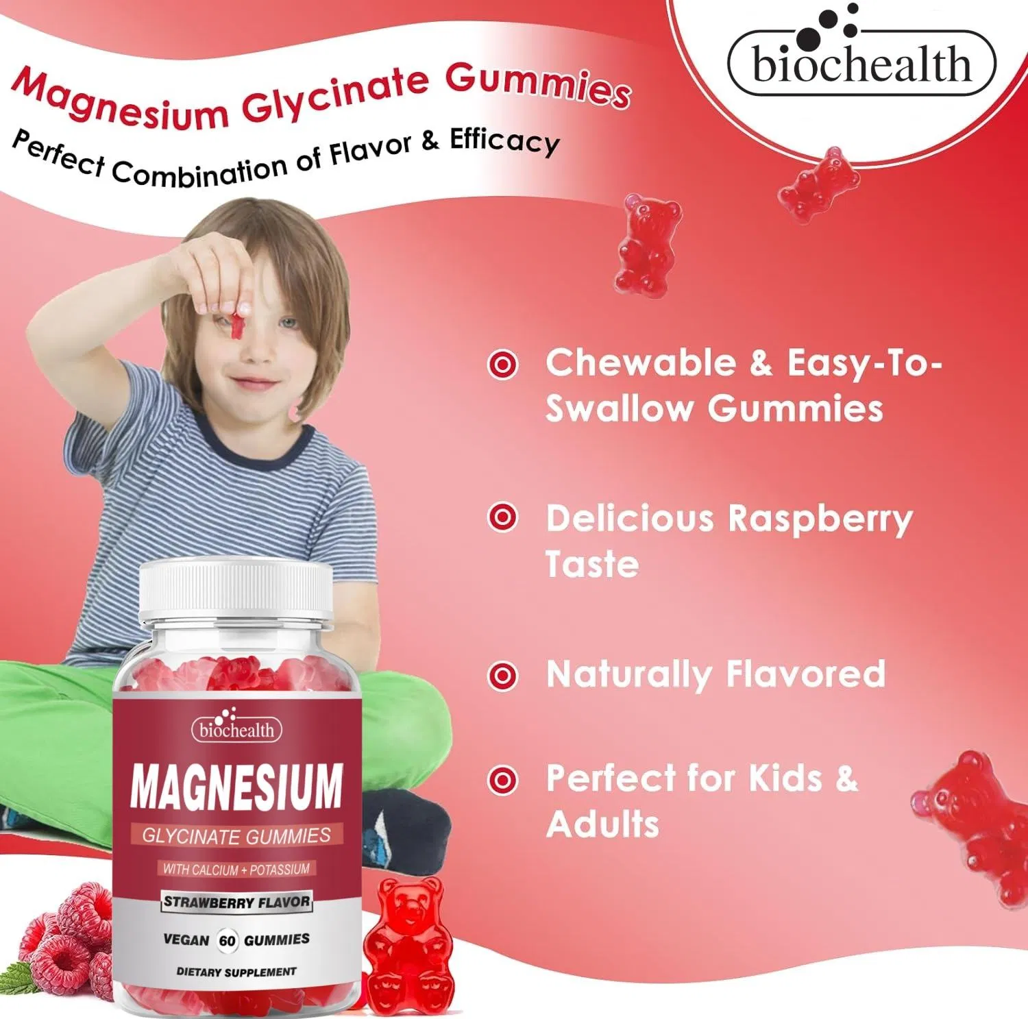 Biochealth Magnesium Glycinate 4oomg, Sugar Free Magnesium Gummies -Magnesium Potassium Supplement for Sleep, Immunity Support