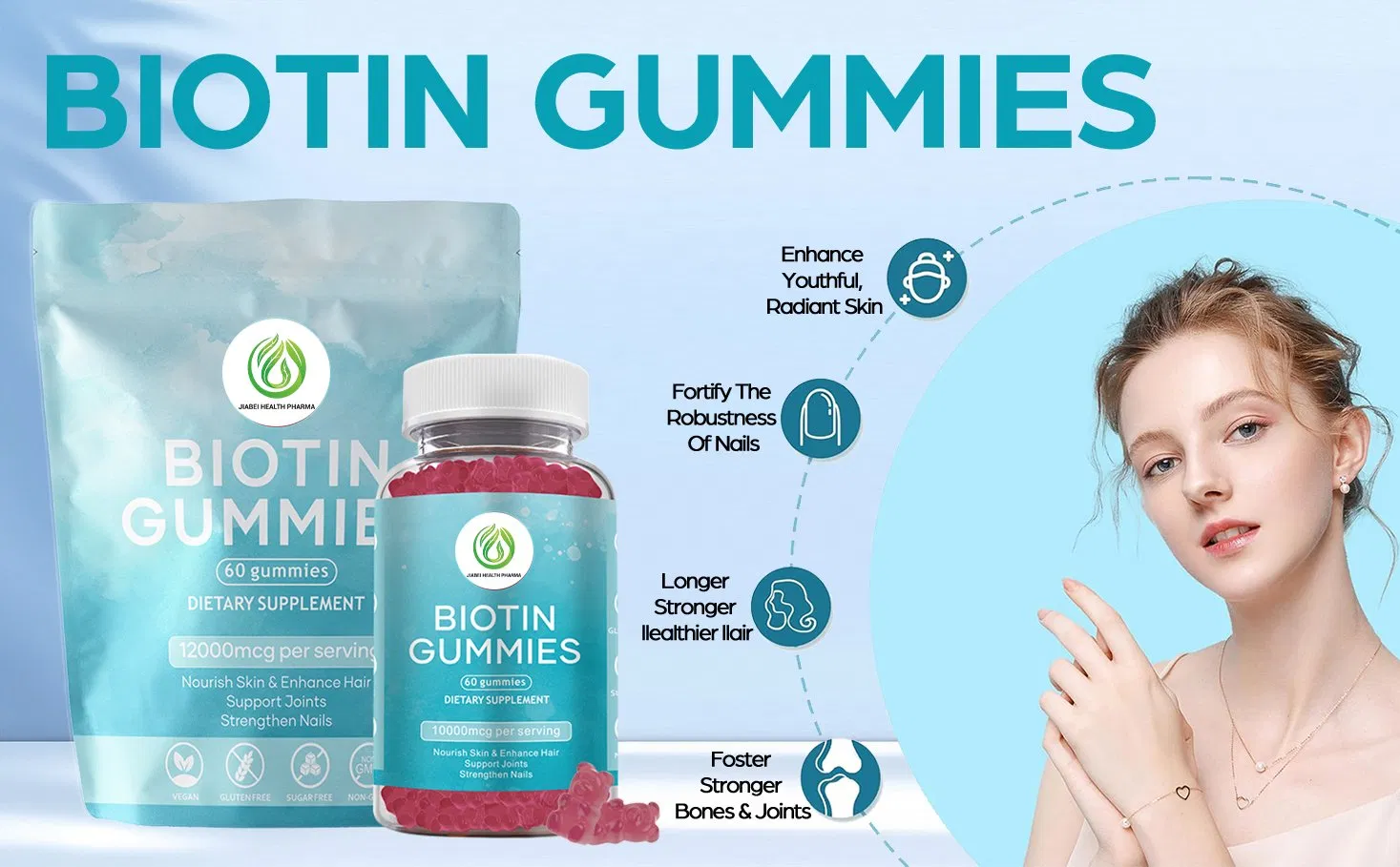 Wholesale Organic Natural Vegan Biotin Collagen Gummies Adult Women's Beauty Skin Whitening Hair Nails Support