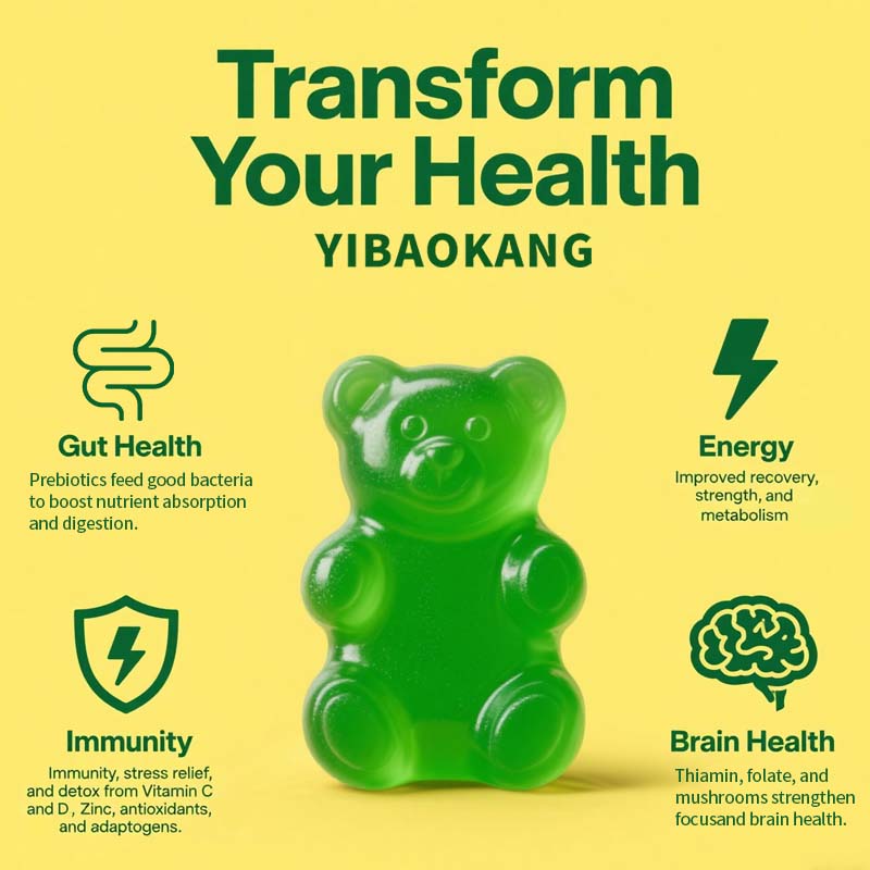OEM Fiber and Prebiotic Green Fructol Sugar Gummy Digestive Health Fruit and Vegetable Soft Candy Vitamin and Mineral Supplement