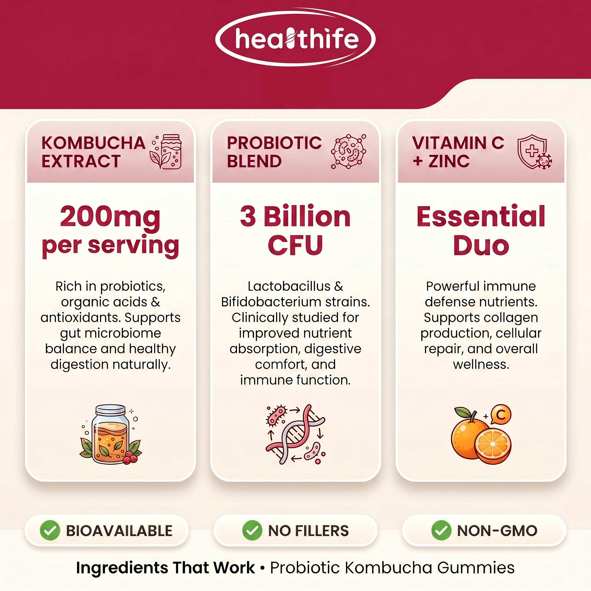 Healthife OEM Label Gut Health Fiber Supplement Raspberry Flavor Prebiotics Dandelion Root Probiotic Kombucha Gummy