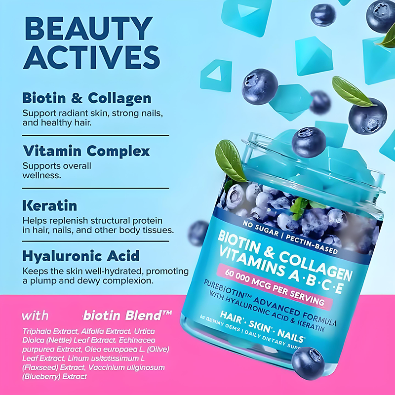 OEM ODM High Quality Beauty Products Biotin Gummies with Collagen Multivitamin for Skin Glow Hair Strength Nail Health